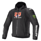 Alpinestars giacca FQ20 Zaca Air Monster, giacca da moto in tessuto nero con cappuccio, grafiche "20 El Diablo" rosse e bianche, loghi artiglio Monster Energy verdi, branding ASTARS bianco sulle maniche, slider DFS Lite sulle spalle, chiusura con zip
