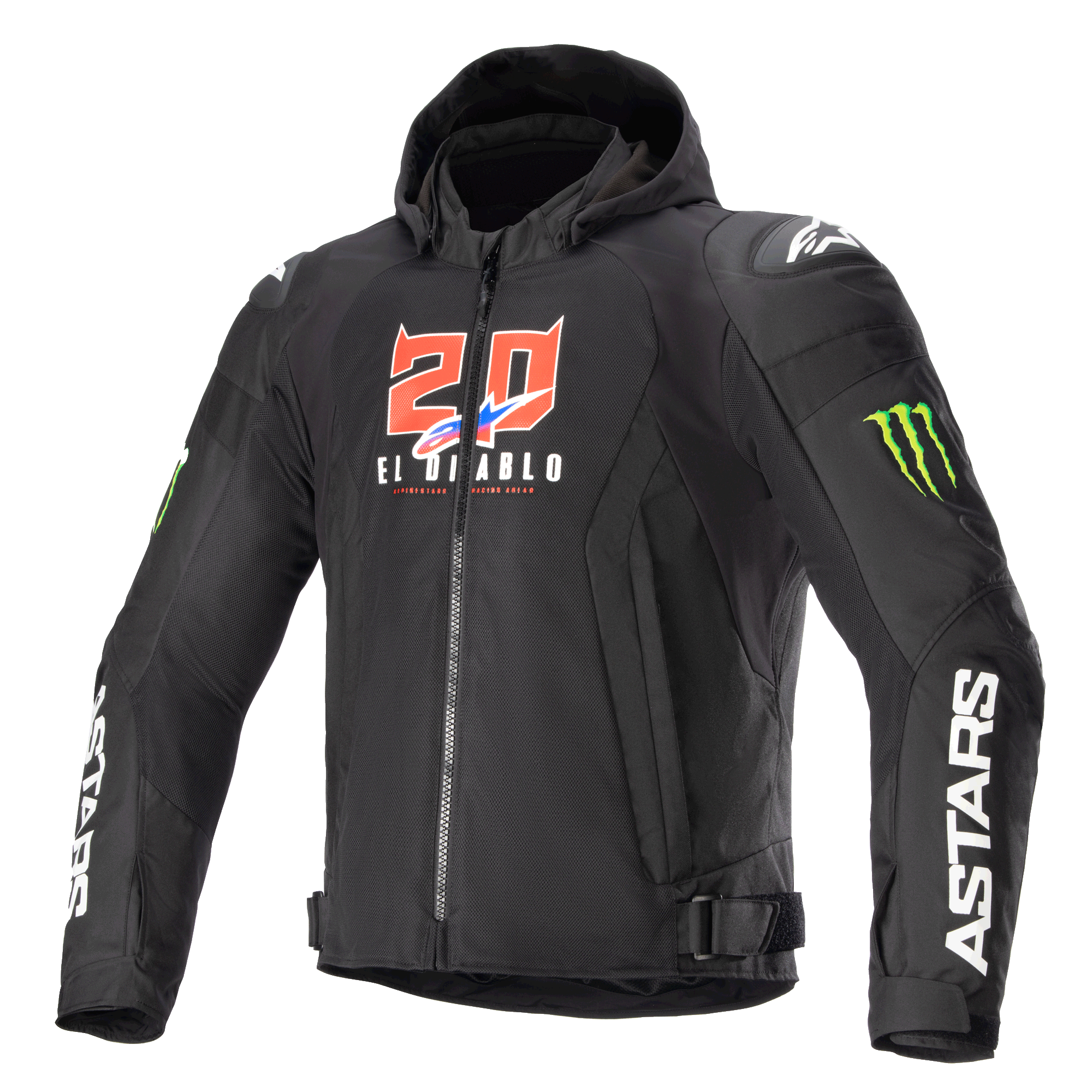 Alpinestars giacca FQ20 Zaca Air Monster, giacca da moto in tessuto nero con cappuccio, grafiche "20 El Diablo" rosse e bianche, loghi artiglio Monster Energy verdi, branding ASTARS bianco sulle maniche, slider DFS Lite sulle spalle, chiusura con zip
