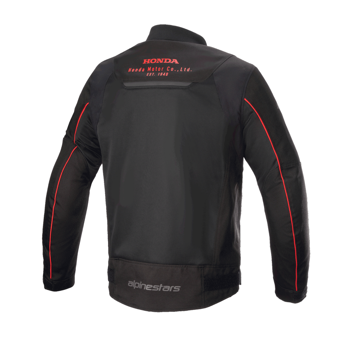 Giacca Alpinestars Honda Luc V2 Air, nero e rosso, vista posteriore con pannelli in rete traspirante, logo rosso Honda Motor Co. sulla parte superiore della schiena, marchio Alpinestars sulla parte inferiore della schiena e profili rossi sulle maniche, giacca da moto urbana