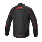 Giacca Alpinestars Honda Luc V2 Air, nero e rosso, vista posteriore con pannelli in rete traspirante, logo rosso Honda Motor Co. sulla parte superiore della schiena, marchio Alpinestars sulla parte inferiore della schiena e profili rossi sulle maniche, giacca da moto urbana