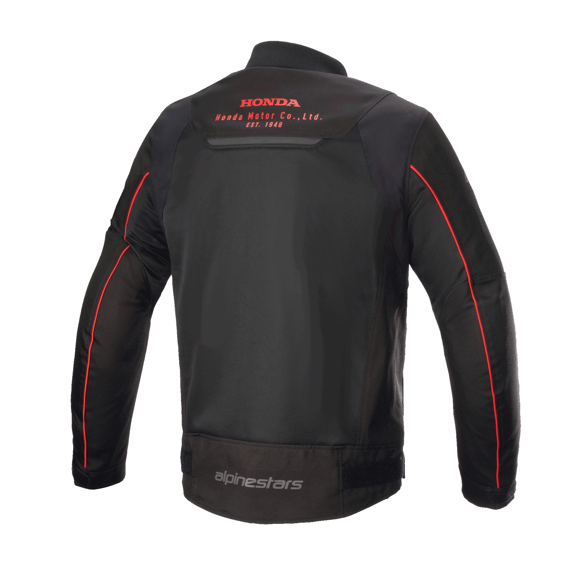 Giacca Alpinestars Honda Luc V2 Air, nero e rosso, vista posteriore con pannelli in rete traspirante, logo rosso Honda Motor Co. sulla parte superiore della schiena, marchio Alpinestars sulla parte inferiore della schiena e profili rossi sulle maniche, giacca da moto urbana
