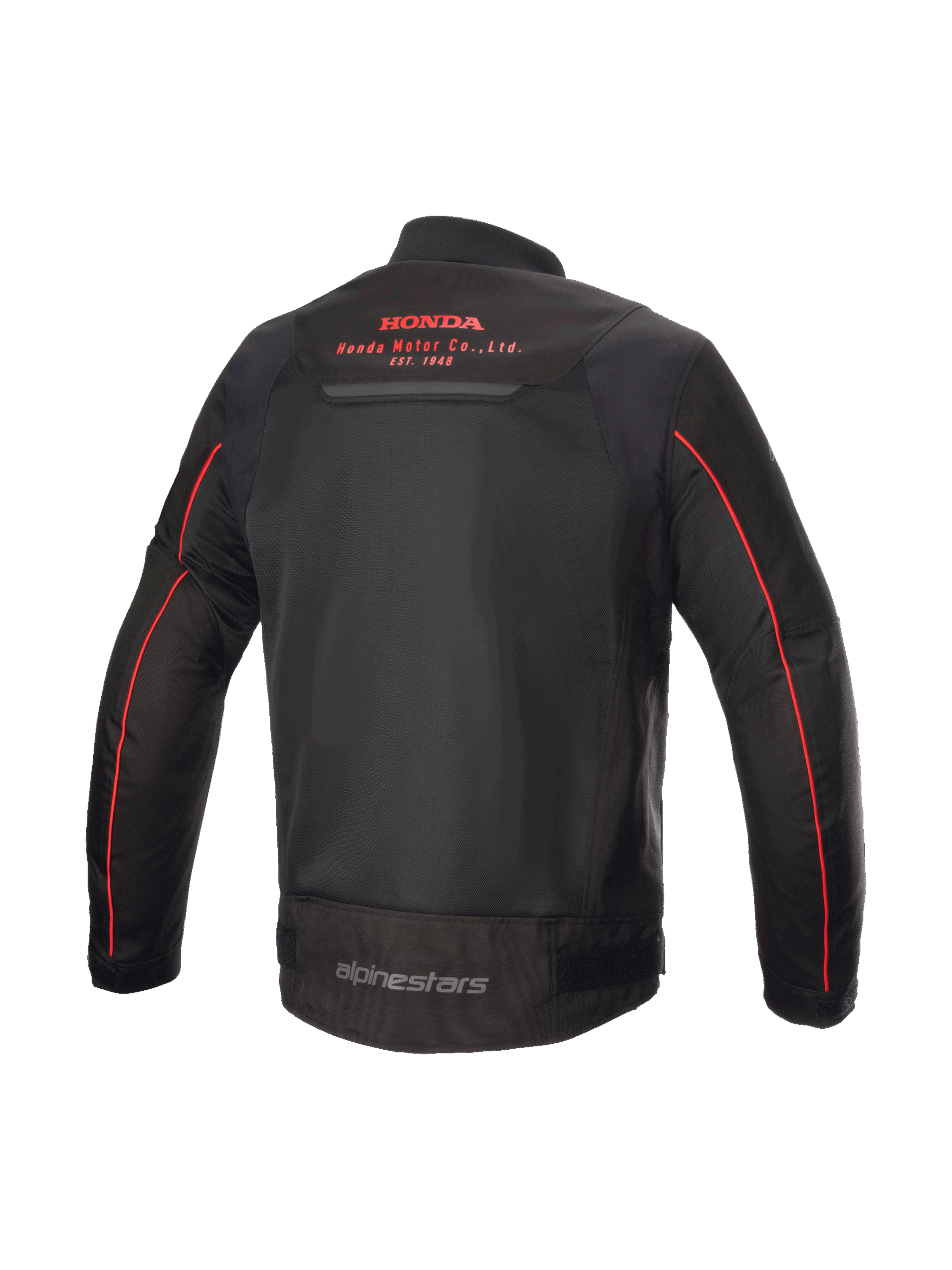 Alpinestars Giacca Honda Luc V2 Air, giacca da moto urban da uomo, nera e rossa, vista posteriore con pannelli in rete traspiranti, logo Honda sulla schiena, stile bomber in tessuto poliestere