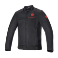 Alpinestars Honda Luc V2 Air Jacket, giacca da moto nera, stile bomber con pannelli in rete, loghi Honda rossi su petto e manica, zip frontale integrale, colletto a costine, vita e polsini regolabili, materiale tessile per guida urbana