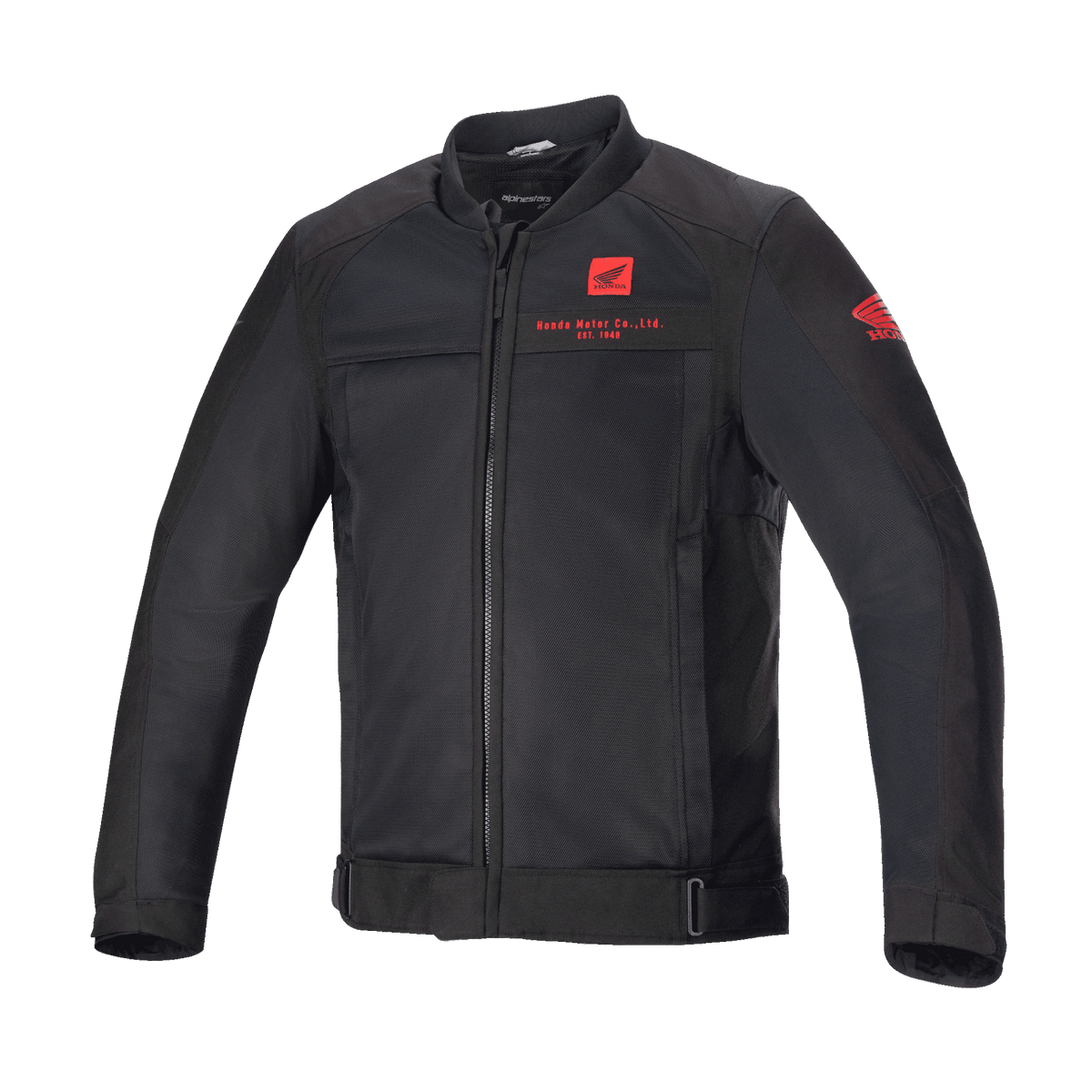 Alpinestars Honda Luc V2 Air Jacket, giacca da moto nera, stile bomber con pannelli in rete, loghi Honda rossi su petto e manica, zip frontale integrale, colletto a costine, vita e polsini regolabili, materiale tessile per guida urbana