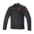 Alpinestars Honda Luc V2 Air Jacket, giacca da moto nera, stile bomber con pannelli in rete, loghi Honda rossi su petto e manica, zip frontale integrale, colletto a costine, vita e polsini regolabili, materiale tessile per guida urbana