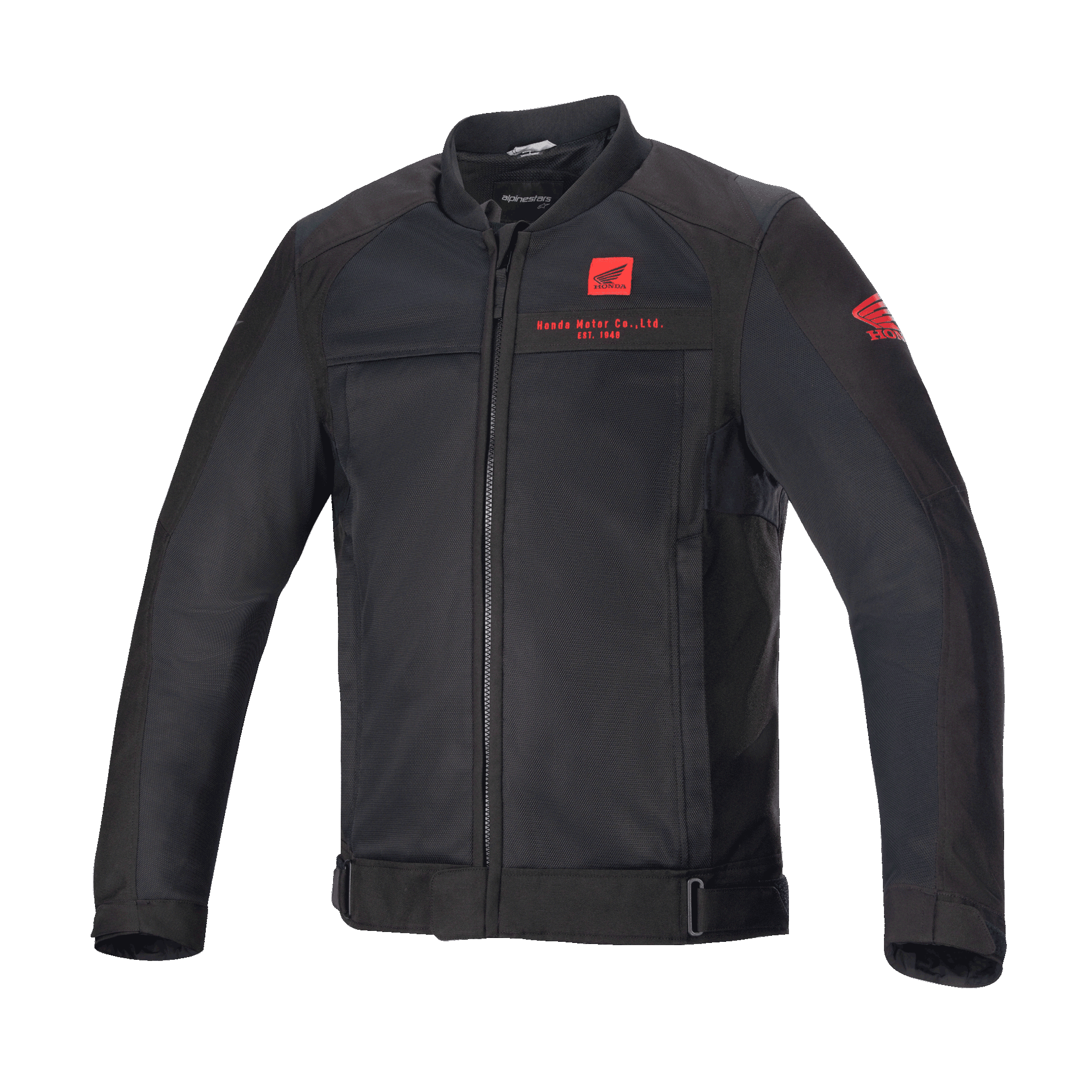 Alpinestars Honda Luc V2 Air Jacket, giacca da moto nera, stile bomber con pannelli in rete, loghi Honda rossi su petto e manica, zip frontale integrale, colletto a costine, vita e polsini regolabili, materiale tessile per guida urbana