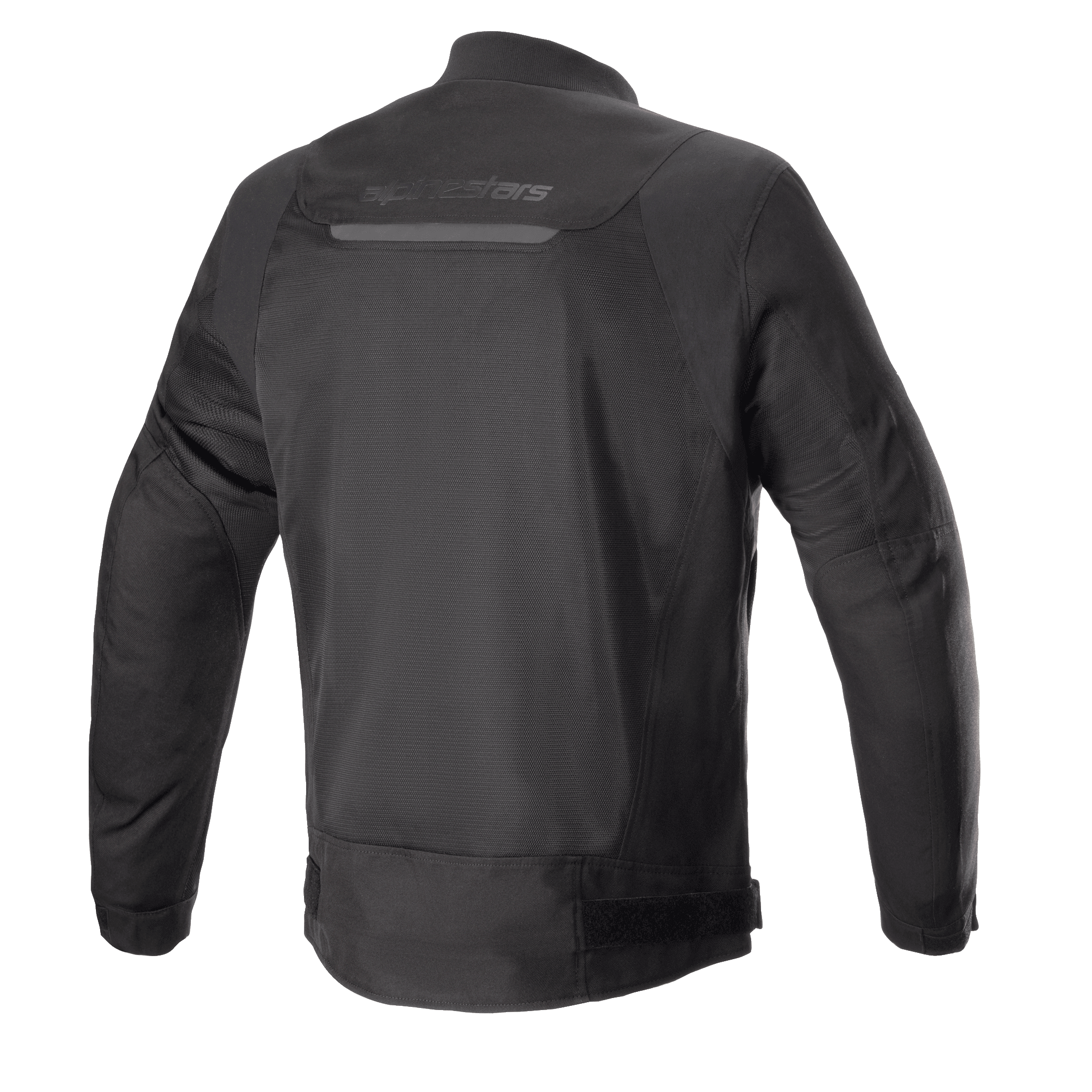Giacca Alpinestars Luc V2 Air, nero, vista posteriore di una giacca da moto urban in stile bomber con ampi pannelli in rete per il flusso d'aria, striscia riflettente sulla parte superiore della schiena e cinturini regolabili in vita