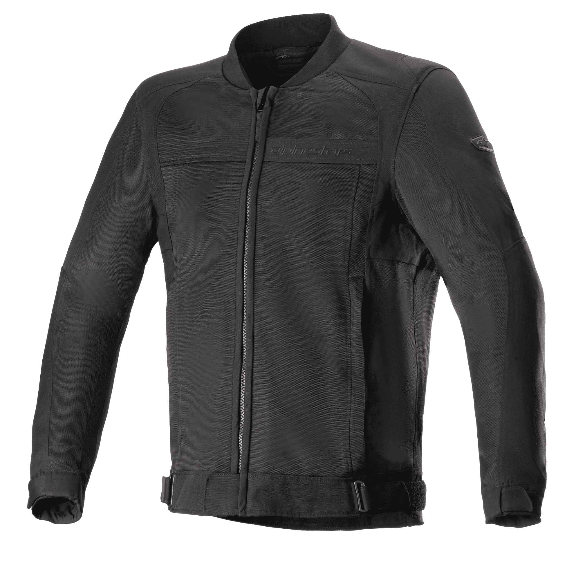 Alpinestars Luc V2 Air Jacket, giacca da moto nera, stile bomber con cerniera frontale e colletto a costine, cinghie regolabili in vita, pannelli in rete per la ventilazione, marchio discreto su petto e manica, tessuto tecnico resistente per la guida urbana