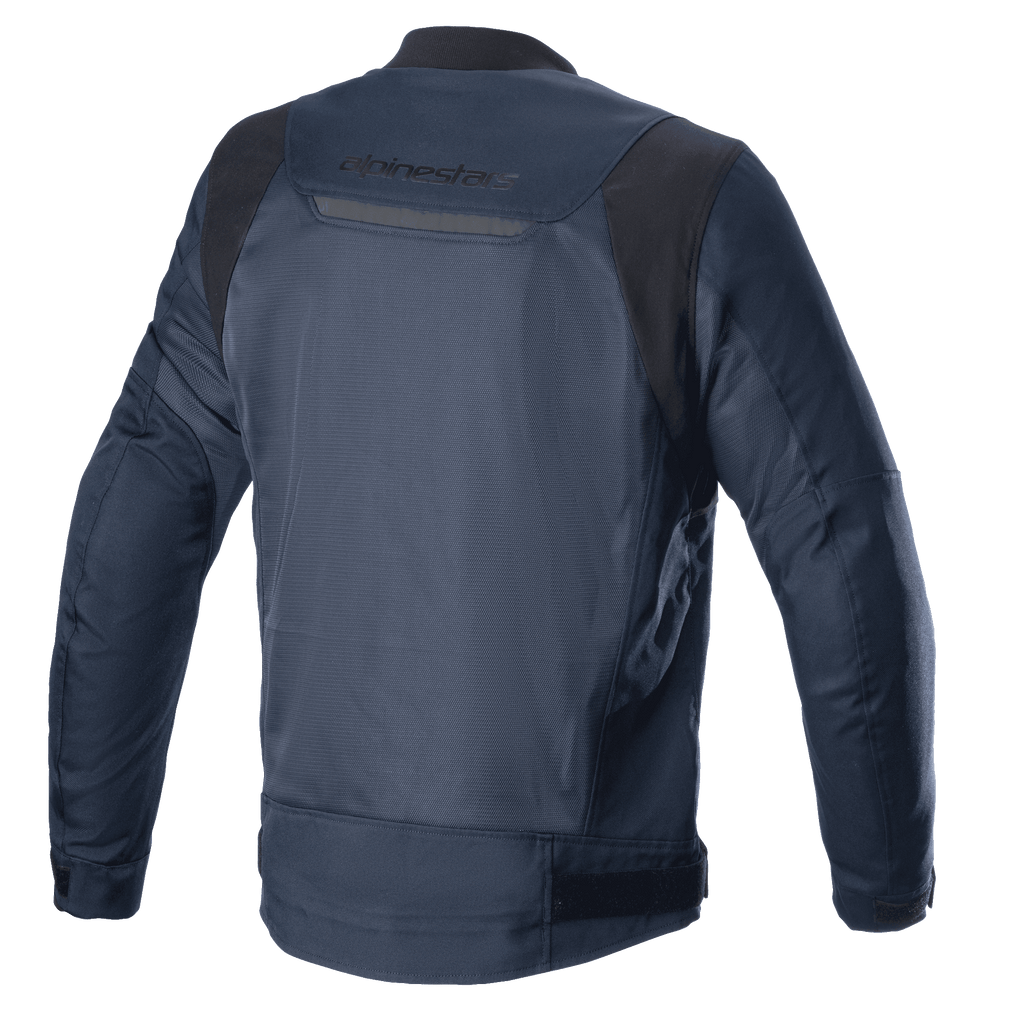 Giacca Alpinestars Luc V2 Air, Navy Black, vista posteriore, con inserti in rete per il flusso d'aria, dettaglio riflettente e logo Alpinestars sulla parte superiore della schiena, giacca da moto in tessuto stile bomber