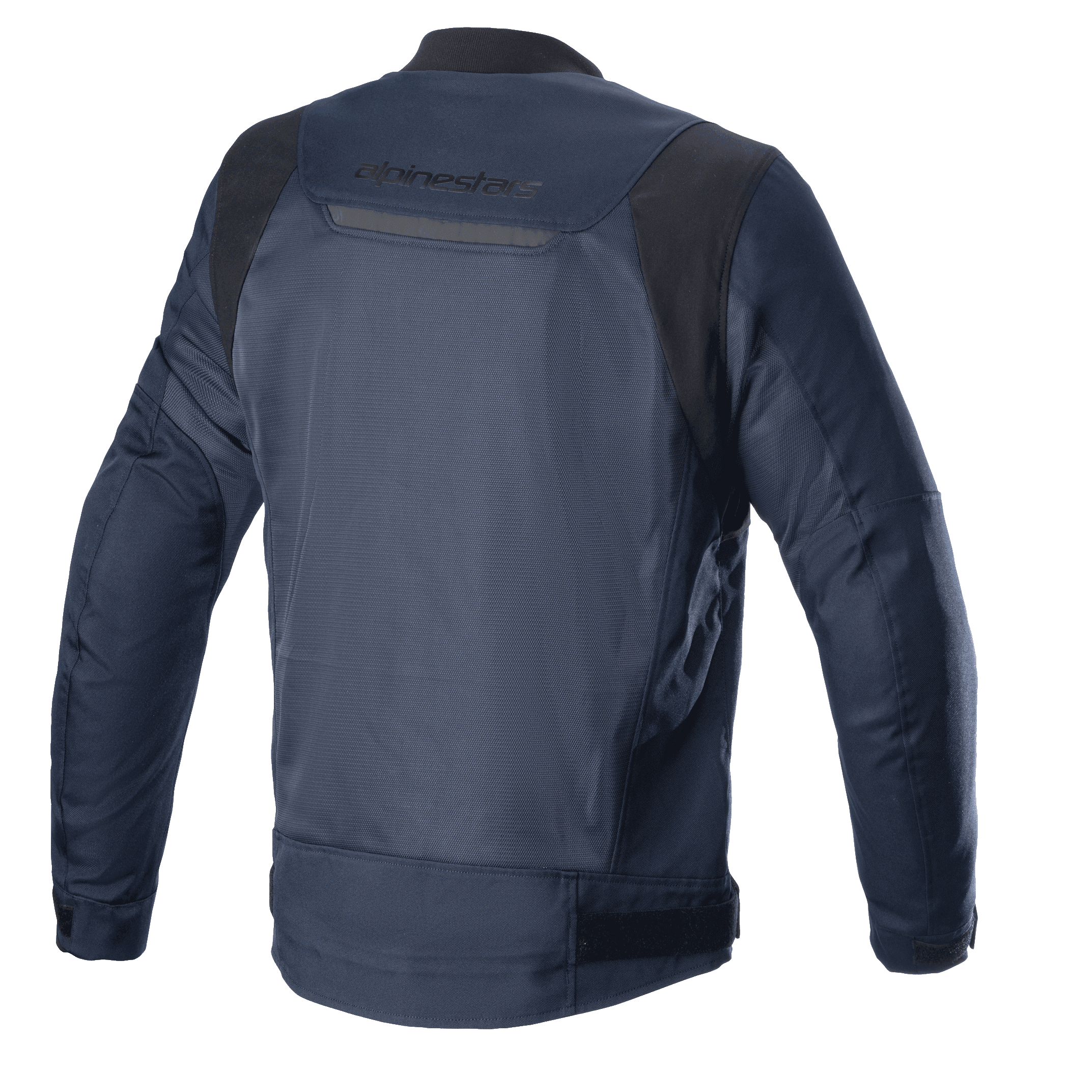 Giacca Alpinestars Luc V2 Air, Navy Black, vista posteriore, con inserti in rete per il flusso d'aria, dettaglio riflettente e logo Alpinestars sulla parte superiore della schiena, giacca da moto in tessuto stile bomber