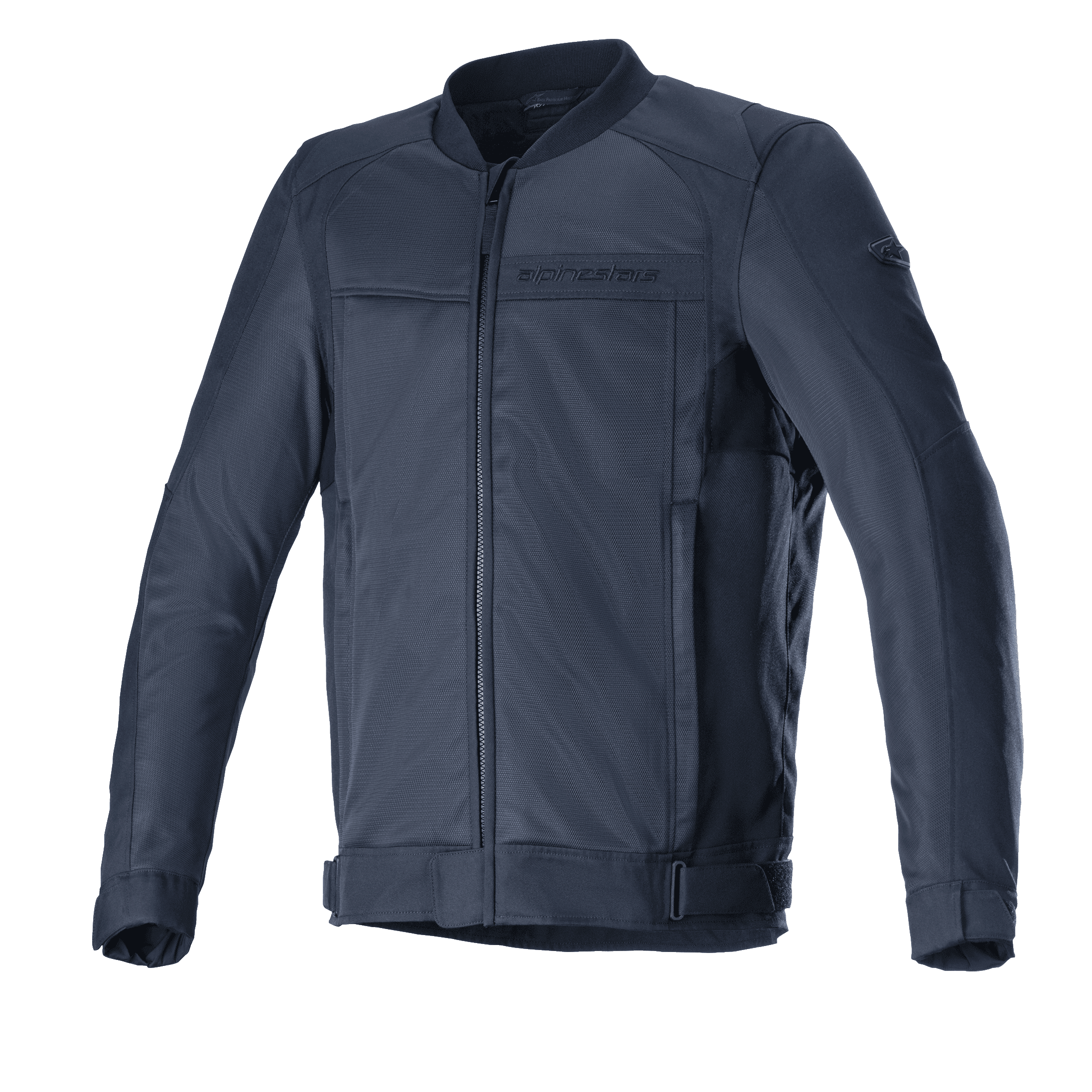 Alpinestars Luc V2 Air Jacket, giacca da moto urbana, blu navy e nero, design stile bomber con cerniera frontale, ampi pannelli in rete per la ventilazione, cinghie regolabili in vita e logo discreto sul petto