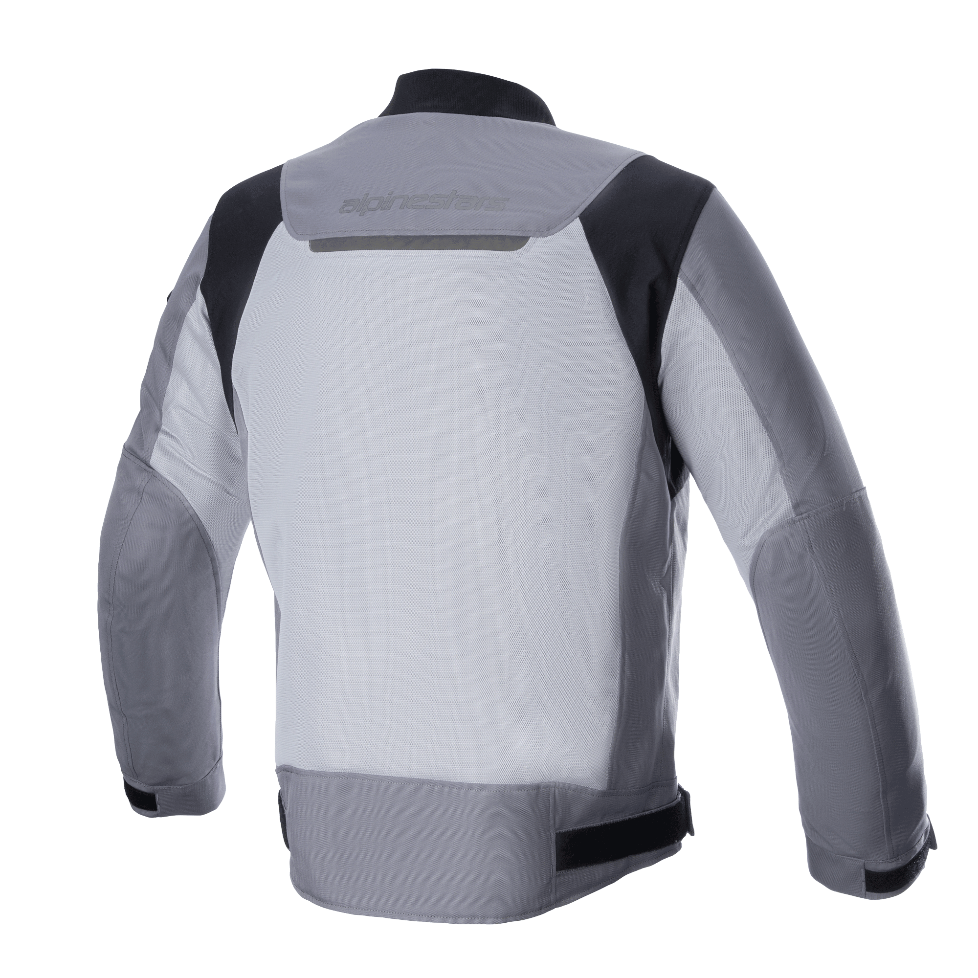 Giacca Alpinestars Luc V2 Air, giacca da moto in tessuto, grigio scuro e grigio medio, vista posteriore con ampio pannello in mesh ventilato, inserti neri sulle spalle e logo riflettente sulla parte superiore della schiena