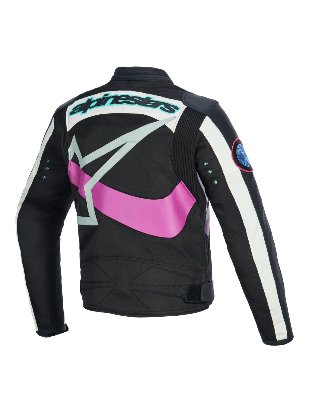 Vista posteriore giacca da donna Alpinestars Idles, nero con bianco avorio e viola, con grande logo a stella rosa avvolgente, scritta color verde acqua e occhielli in metallo sulle maniche, design d'ispirazione vintage con pannelli a fisarmonica per la guida urbana in moto