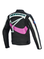 Vista posteriore giacca da donna Alpinestars Idles, nero con bianco avorio e viola, con grande logo a stella rosa avvolgente, scritta color verde acqua e occhielli in metallo sulle maniche, design d'ispirazione vintage con pannelli a fisarmonica per la guida urbana in moto