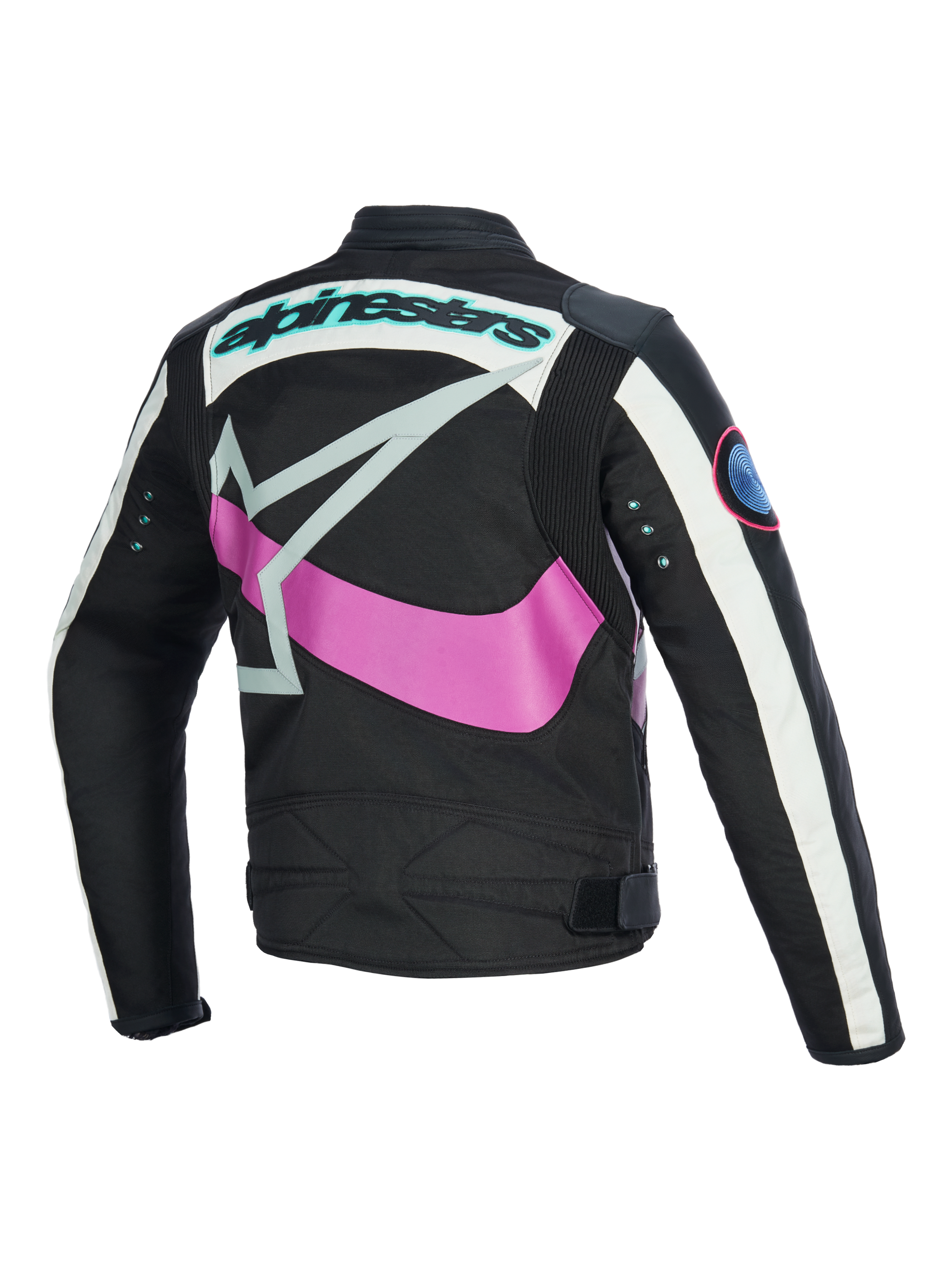Vista posteriore giacca da donna Alpinestars Idles, nero con bianco avorio e viola, con grande logo a stella rosa avvolgente, scritta color verde acqua e occhielli in metallo sulle maniche, design d'ispirazione vintage con pannelli a fisarmonica per la guida urbana in moto