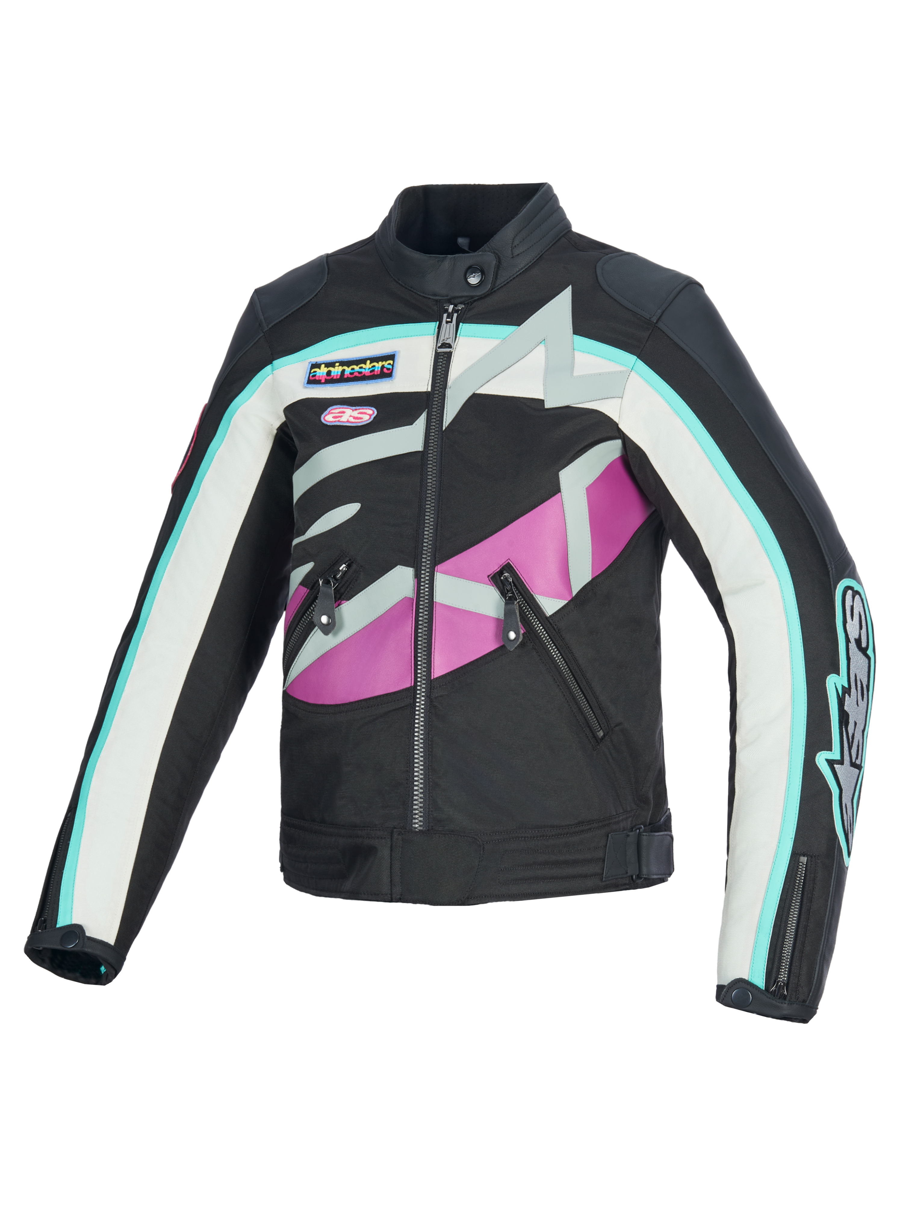 Giacca da donna Alpinestars Idles, giacca da moto, nero, bianco sporco e viola, caratterizzata da un design d'ispirazione racing vintage con audace logo Alpinestars avvolgente e patch logate, struttura in tessuto e pelle, abbigliamento urban riding resistente all'acqua