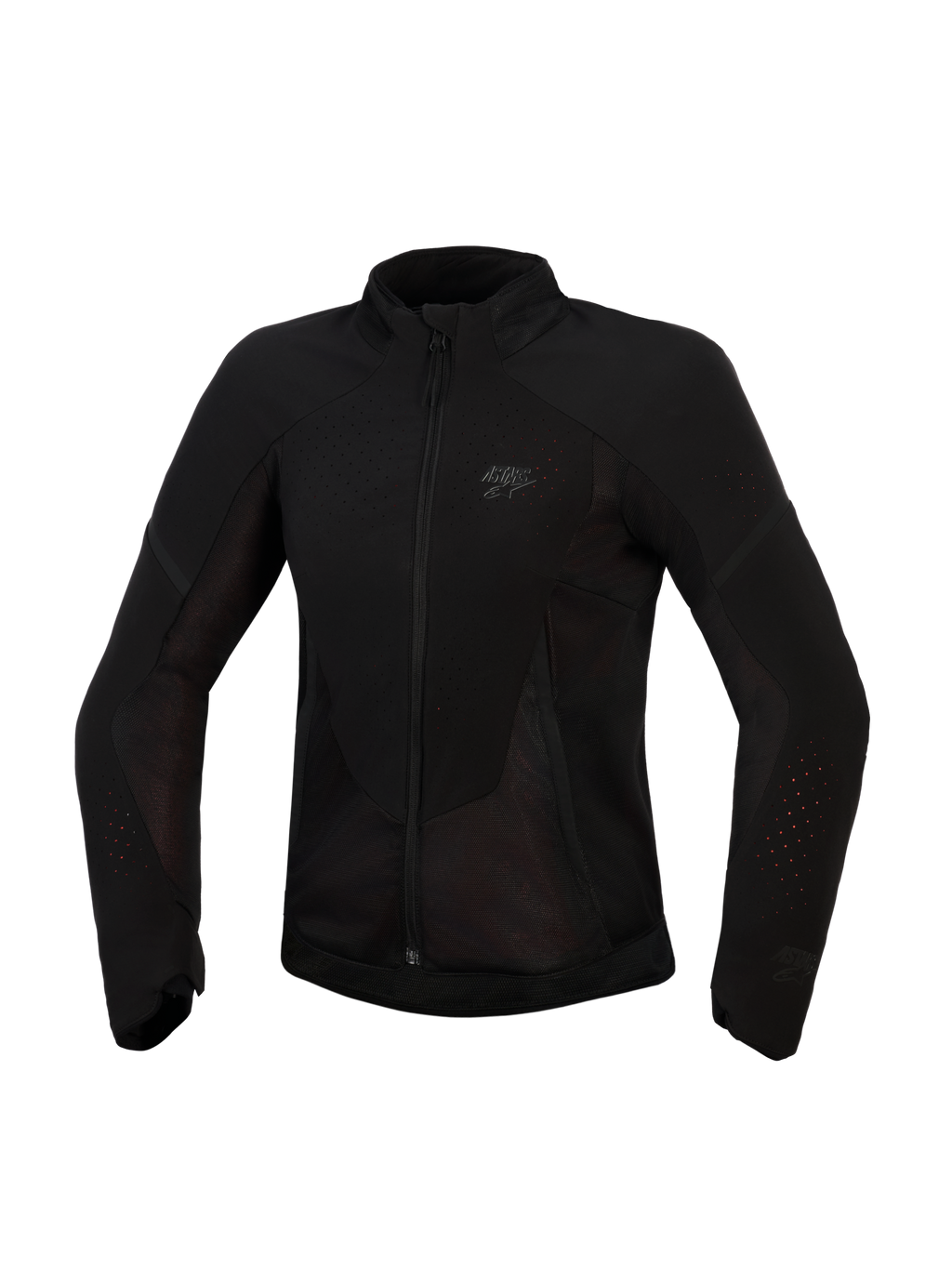 Giacca Alpinestars Stella Aeroshell Airflow, giacca da moto da donna, nero antracite, vista frontale, tessuto leggero con ventilazione traforata al laser e pannelli in rete, discreto logo sul petto, design ergonomico con taglio sportivo