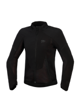Giacca Alpinestars Stella Aeroshell Airflow, giacca da moto da donna, nero antracite, vista frontale, tessuto leggero con ventilazione traforata al laser e pannelli in rete, discreto logo sul petto, design ergonomico con taglio sportivo