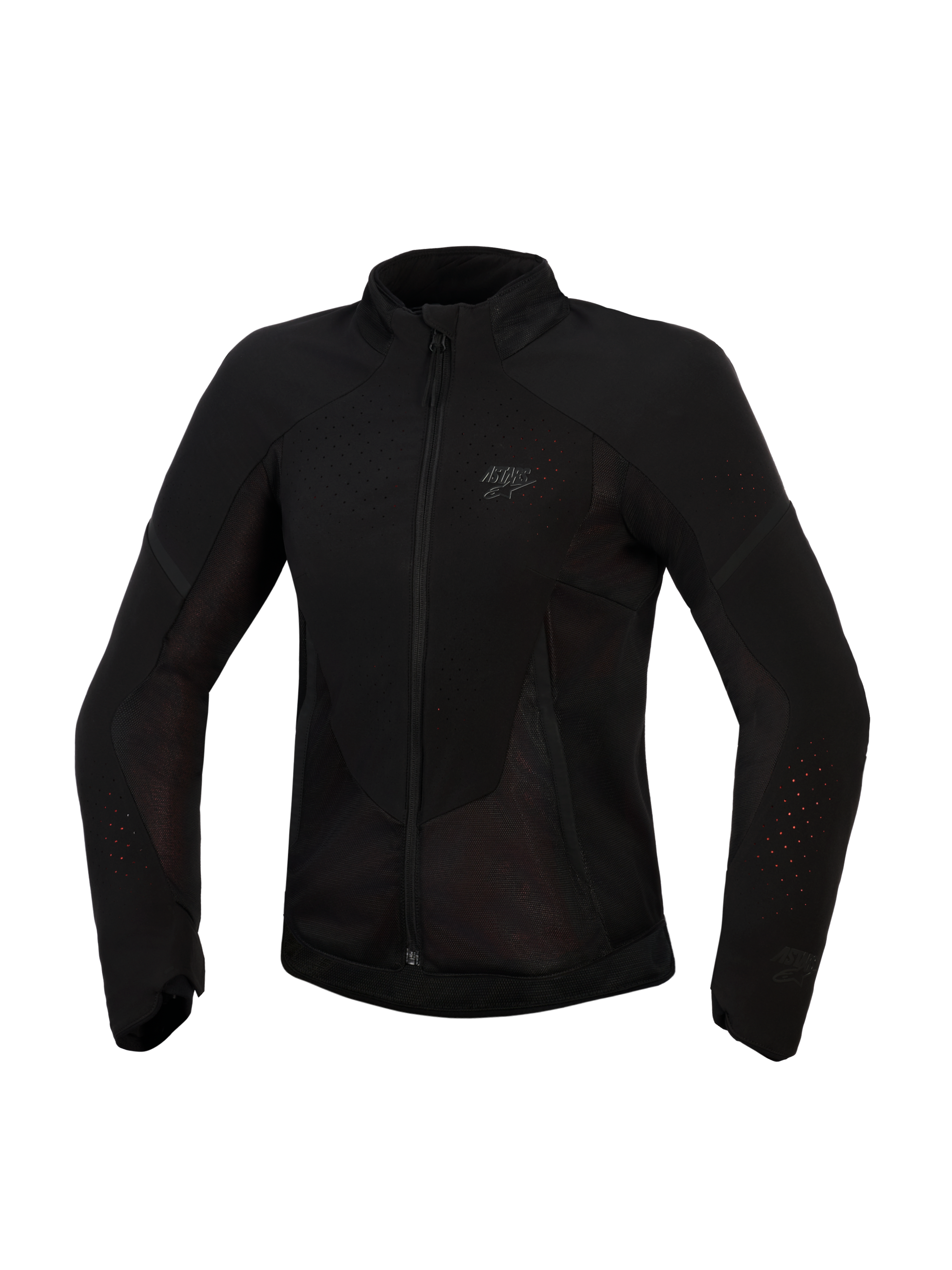 Giacca Alpinestars Stella Aeroshell Airflow, giacca da moto da donna, nero antracite, vista frontale, tessuto leggero con ventilazione traforata al laser e pannelli in rete, discreto logo sul petto, design ergonomico con taglio sportivo