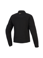 Giacca Alpinestars Stella Grace, giacca da moto urban da donna, nero, vista posteriore con un piccolo logo Astar dorato sul collo, occhielli in metallo sulle maniche e cuciture plissettate sulla parte inferiore della schiena.