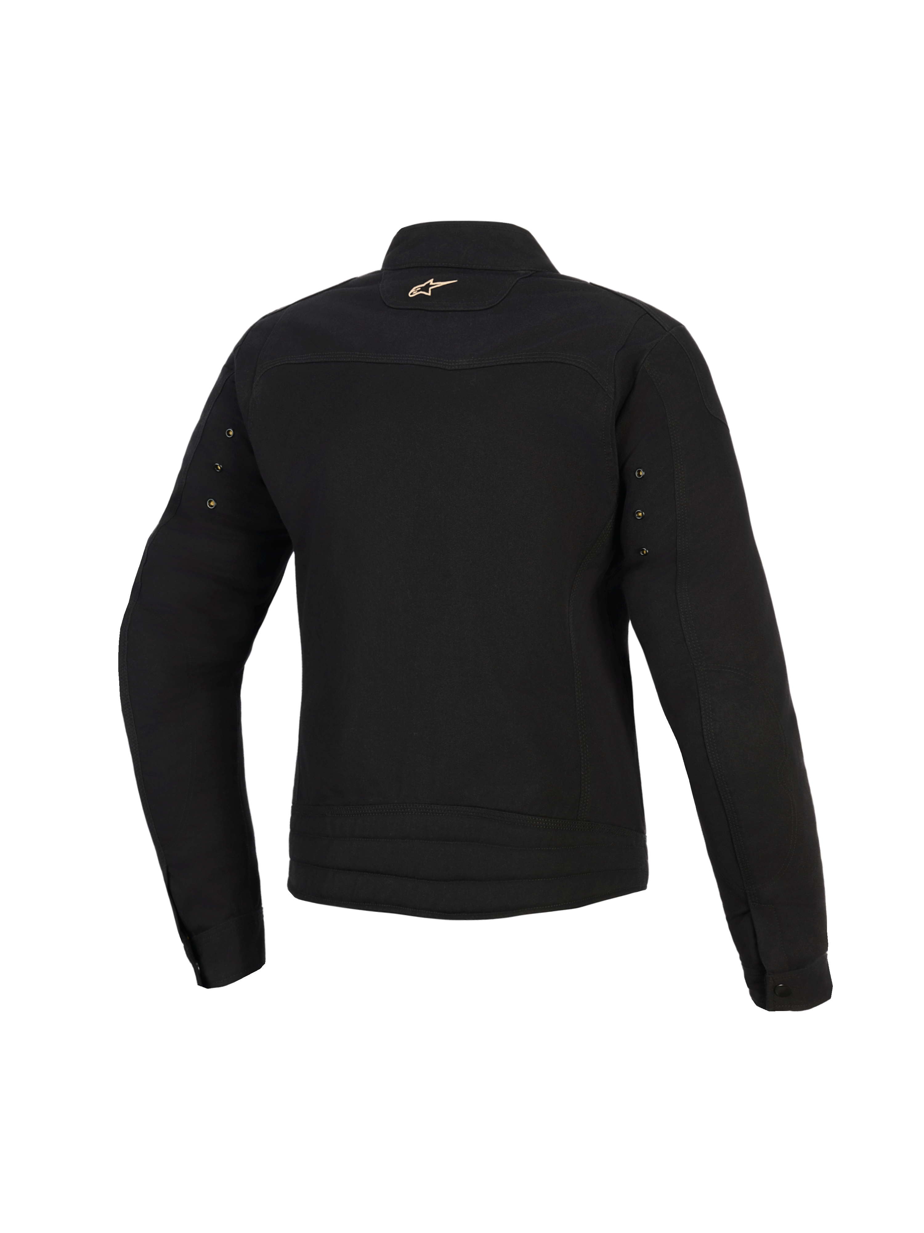 Giacca Alpinestars Stella Grace, giacca da moto urban da donna, nero, vista posteriore con un piccolo logo Astar dorato sul collo, occhielli in metallo sulle maniche e cuciture plissettate sulla parte inferiore della schiena.