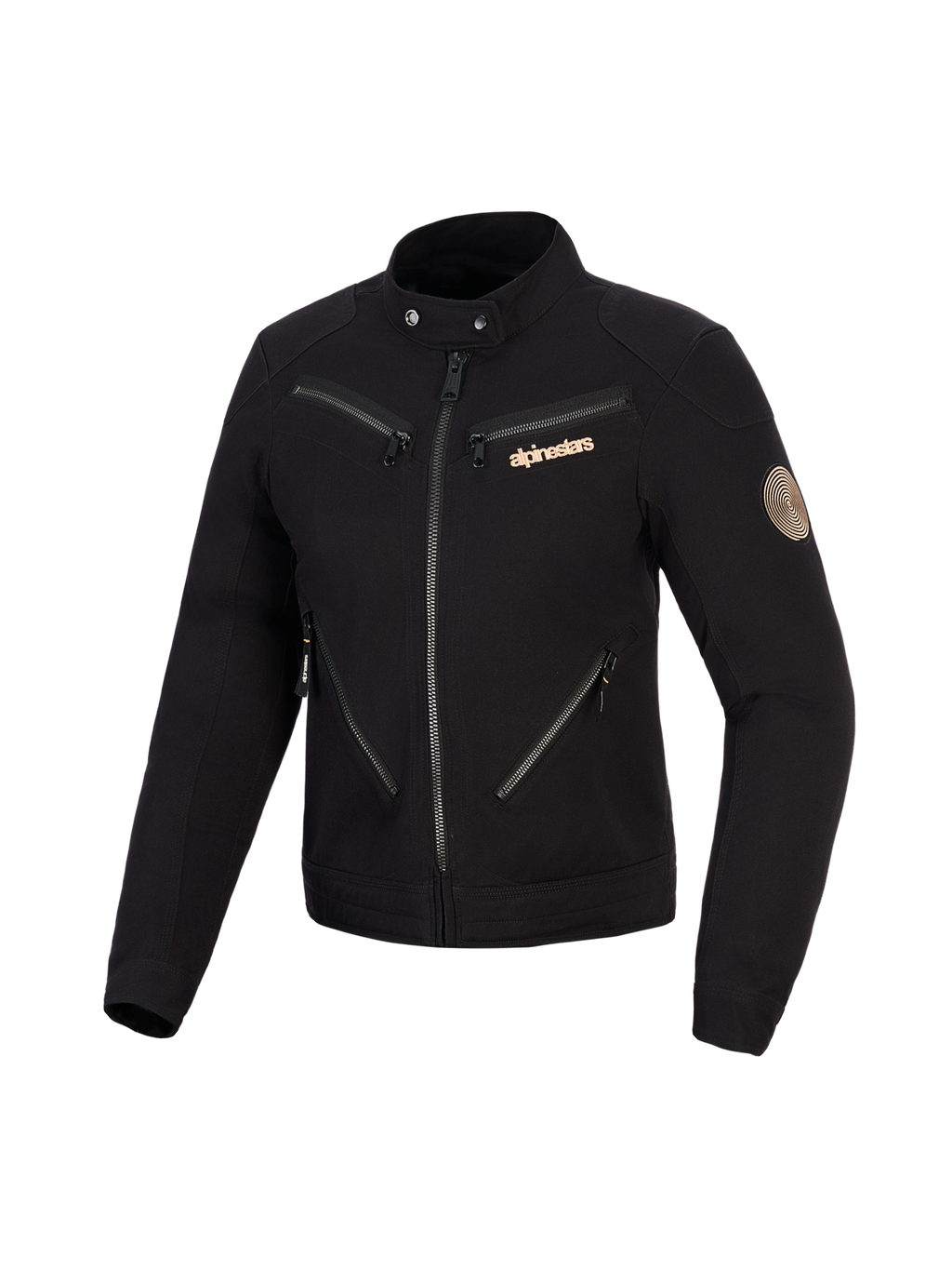 Giacca Alpinestars Stella Grace, giacca da moto da donna, nera, design di ispirazione workwear urbano con molteplici cerniere frontali, colletto con bottoni a pressione, logo Alpinestars color rame e patch vintage a spirale sulla manica