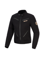 Giacca Alpinestars Stella Grace, giacca da moto da donna, nera, design di ispirazione workwear urbano con molteplici cerniere frontali, colletto con bottoni a pressione, logo Alpinestars color rame e patch vintage a spirale sulla manica