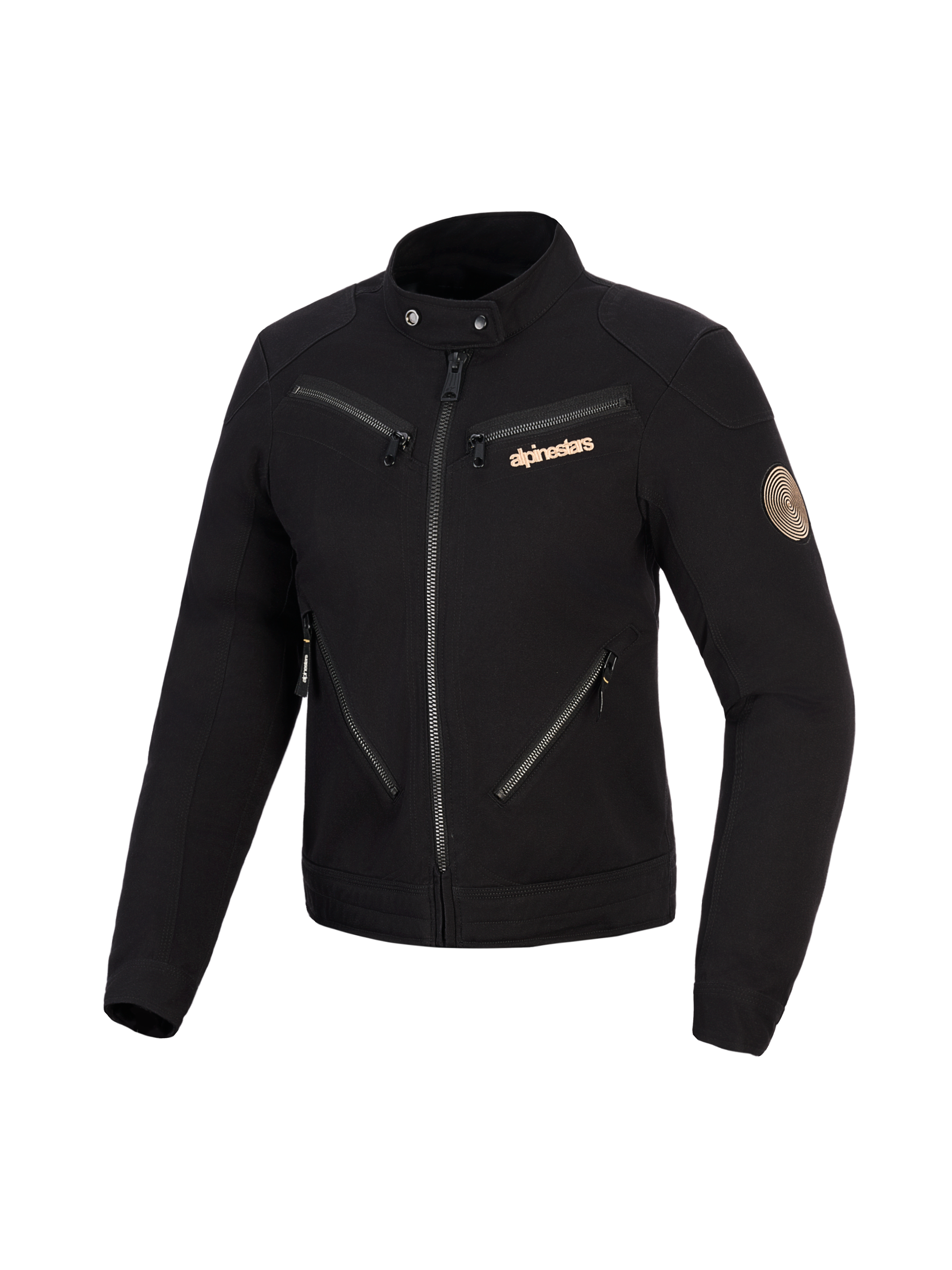 Giacca Alpinestars Stella Grace, giacca da moto da donna, nera, design di ispirazione workwear urbano con molteplici cerniere frontali, colletto con bottoni a pressione, logo Alpinestars color rame e patch vintage a spirale sulla manica