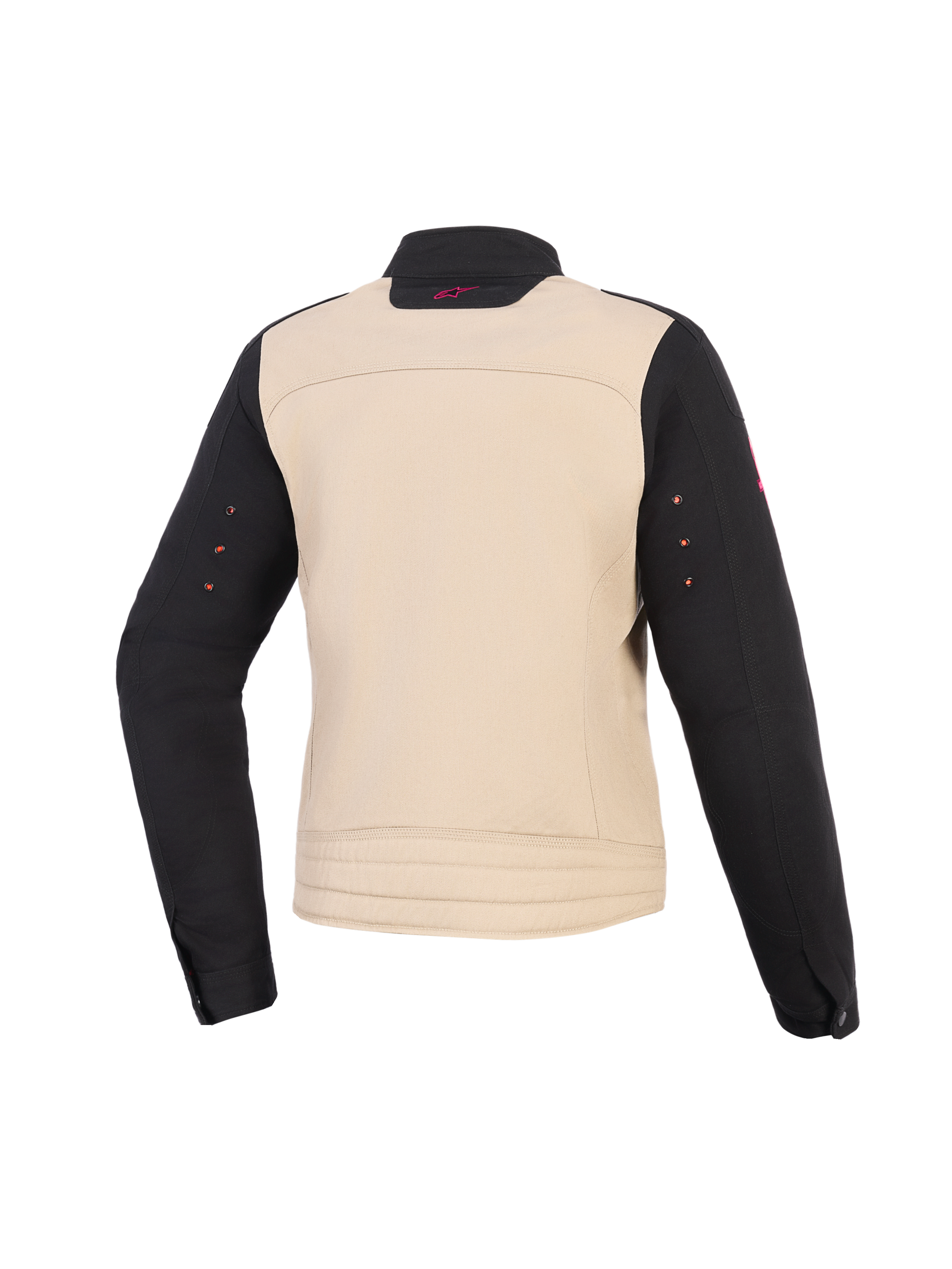 Giacca Alpinestars Stella Grace, giacca da moto da donna, Aluminum Black, vista posteriore, struttura in tessuto con busto beige, maniche nere e un piccolo logo rosa sul colletto