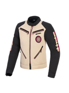 Giacca Alpinestars Stella Grace, giacca da moto da donna, color alluminio e nero con dettagli rosa sulle cerniere, vista frontale con design ispirato al workwear urbano, patch Oscar a spirale sul petto e logo Alpinestars sulle maniche