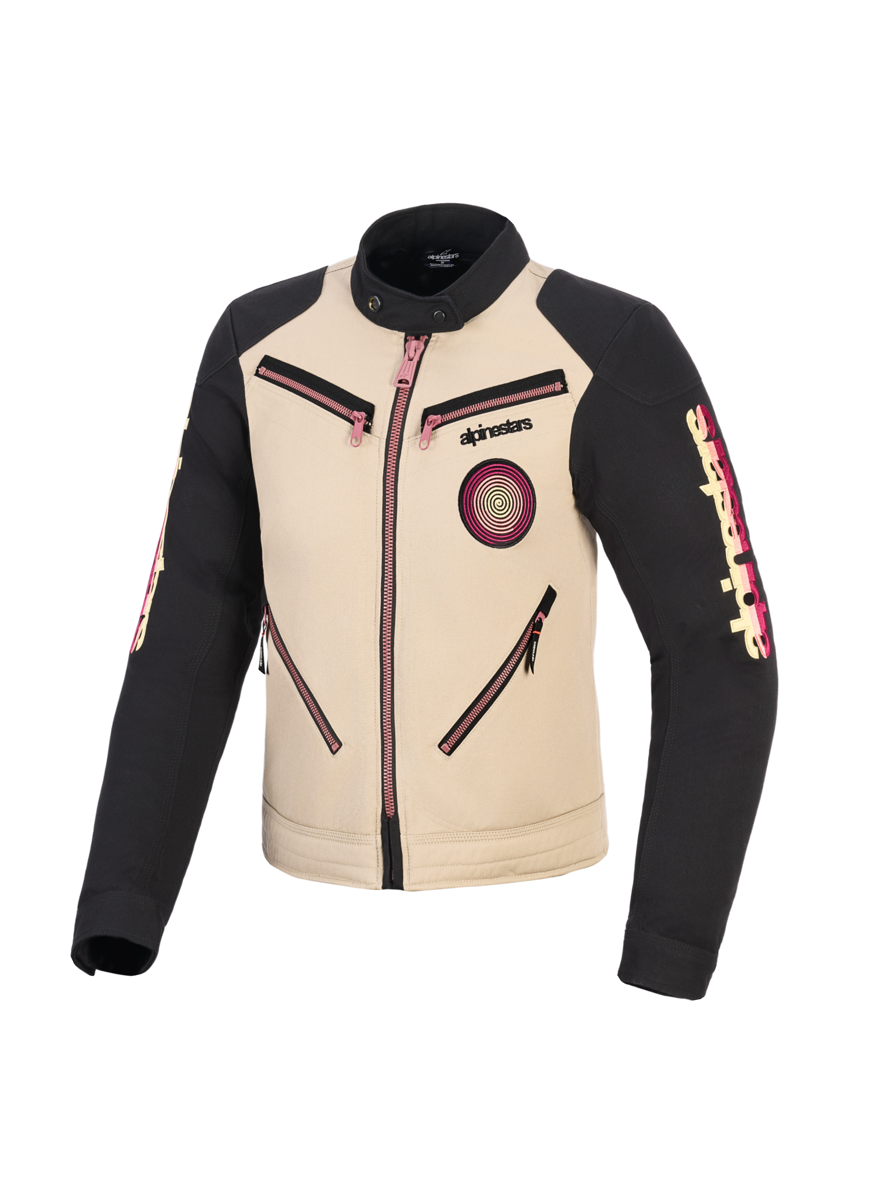 Giacca Alpinestars Stella Grace, giacca da moto da donna, color alluminio e nero con dettagli rosa sulle cerniere, vista frontale con design ispirato al workwear urbano, patch Oscar a spirale sul petto e logo Alpinestars sulle maniche