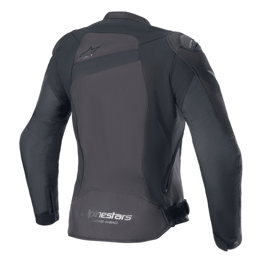Giacca Alpinestars Stella T-GP Plus R V4, giacca da moto in tessuto da donna, nero/nero, vista posteriore con logo Astar tono su tono sulla parte superiore della schiena e marchio 'alpinestars RACING AHEAD' sull'orlo inferiore, vestibilità sportiva con pannelli protettivi visibili.