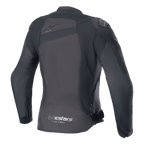 Giacca Alpinestars Stella T-GP Plus R V4, giacca da moto in tessuto da donna, nero/nero, vista posteriore con logo Astar tono su tono sulla parte superiore della schiena e marchio 'alpinestars RACING AHEAD' sull'orlo inferiore, vestibilità sportiva con pannelli protettivi visibili.