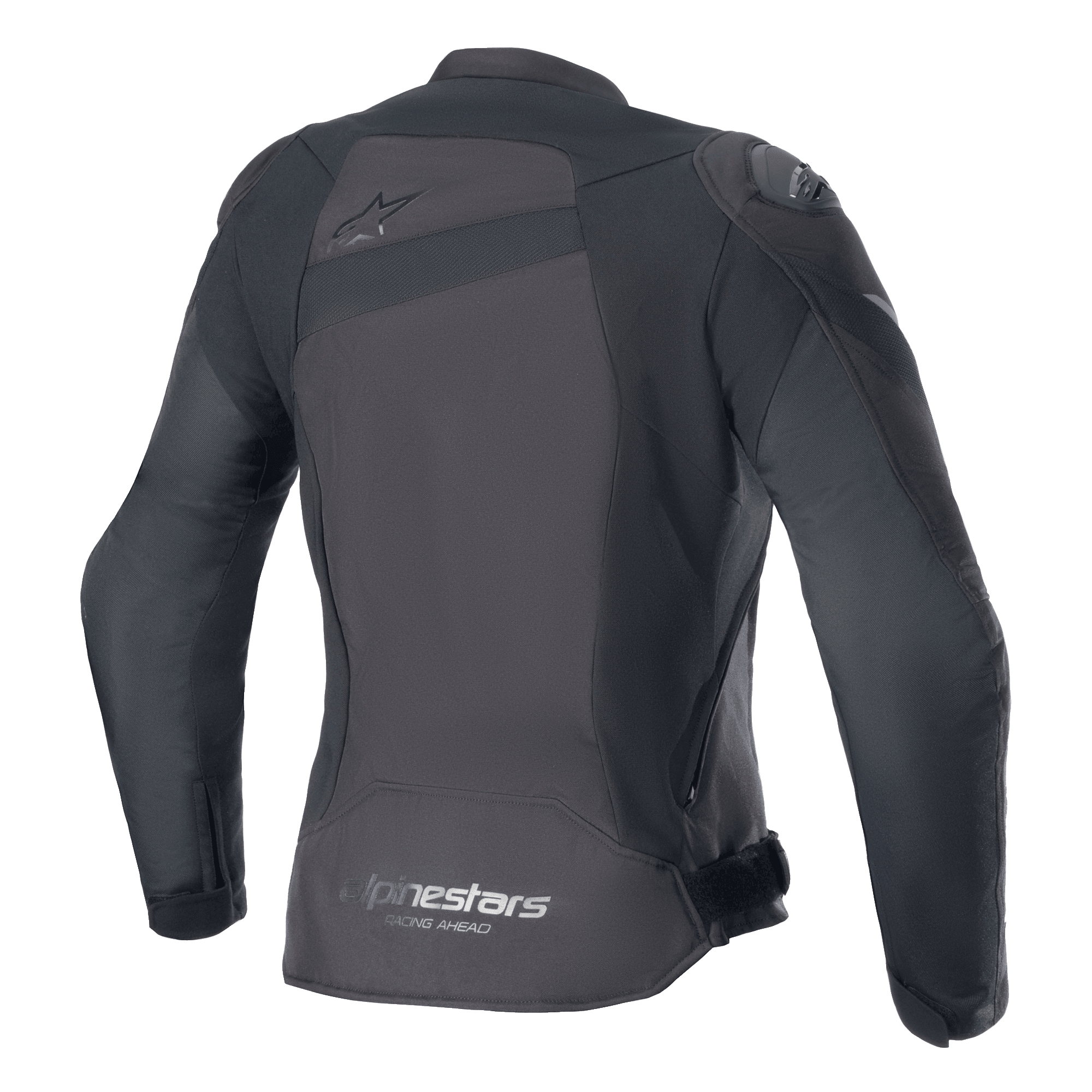Giacca Alpinestars Stella T-GP Plus R V4, giacca da moto in tessuto da donna, nero/nero, vista posteriore con logo Astar tono su tono sulla parte superiore della schiena e marchio 'alpinestars RACING AHEAD' sull'orlo inferiore, vestibilità sportiva con pannelli protettivi visibili.
