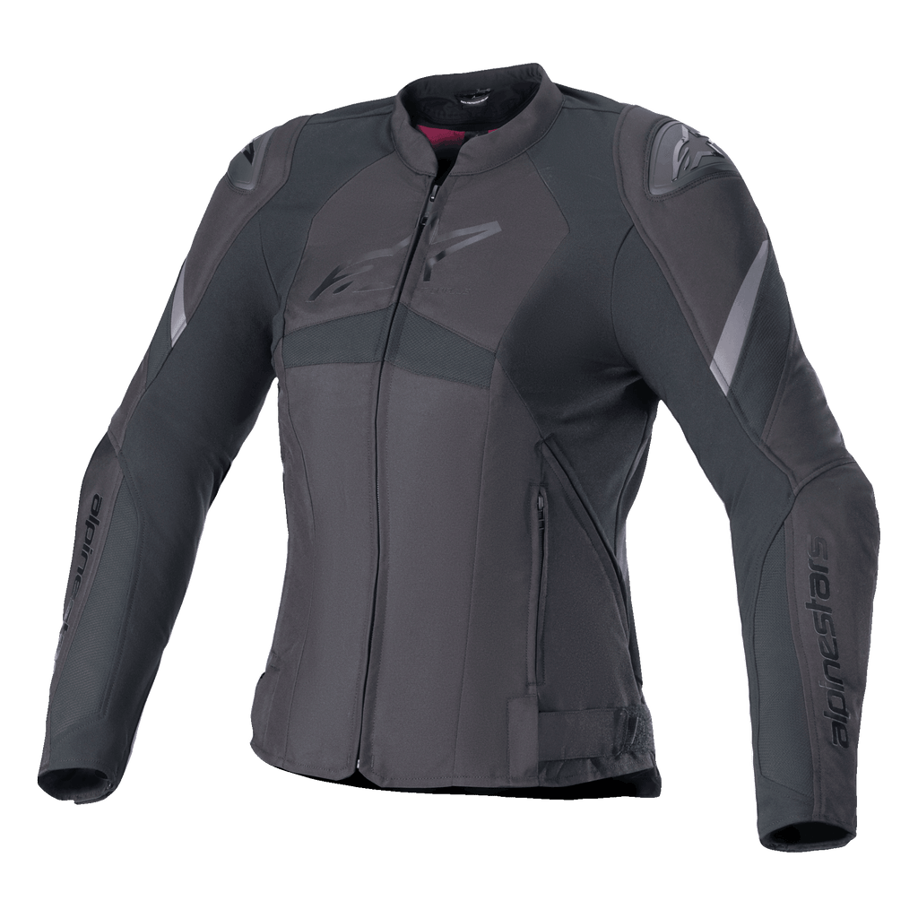 Alpinestars Stella T-GP Plus R V4, giacca da moto da donna in tessuto, nera, con design sportivo sagomato, zip frontale, protezioni esterne sulle spalle e dettagli discreti del logo su petto e maniche.