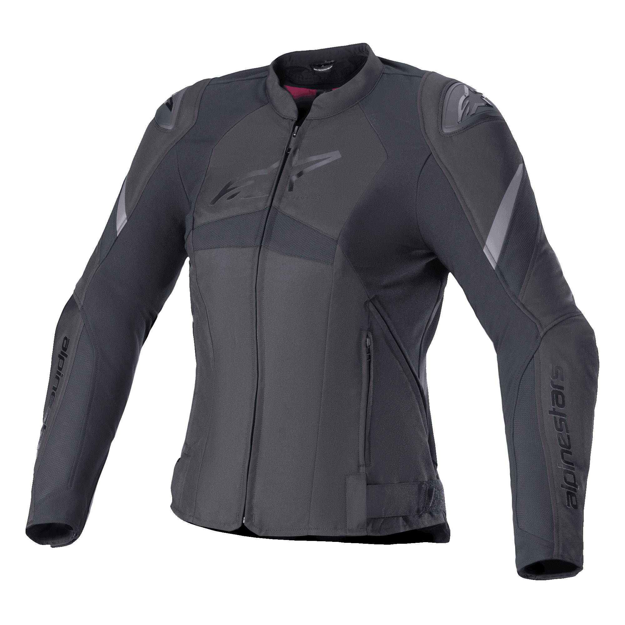 Alpinestars Stella T-GP Plus R V4, giacca da moto da donna in tessuto, nera, con design sportivo sagomato, zip frontale, protezioni esterne sulle spalle e dettagli discreti del logo su petto e maniche.