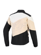 Giacca Alpinestars Stella Moshell, giacca da moto urbana da donna, Black Sand e Off White, vista posteriore con pannelli a blocchi di colore asimmetrici e grande logo del marchio in corsivo al centro.