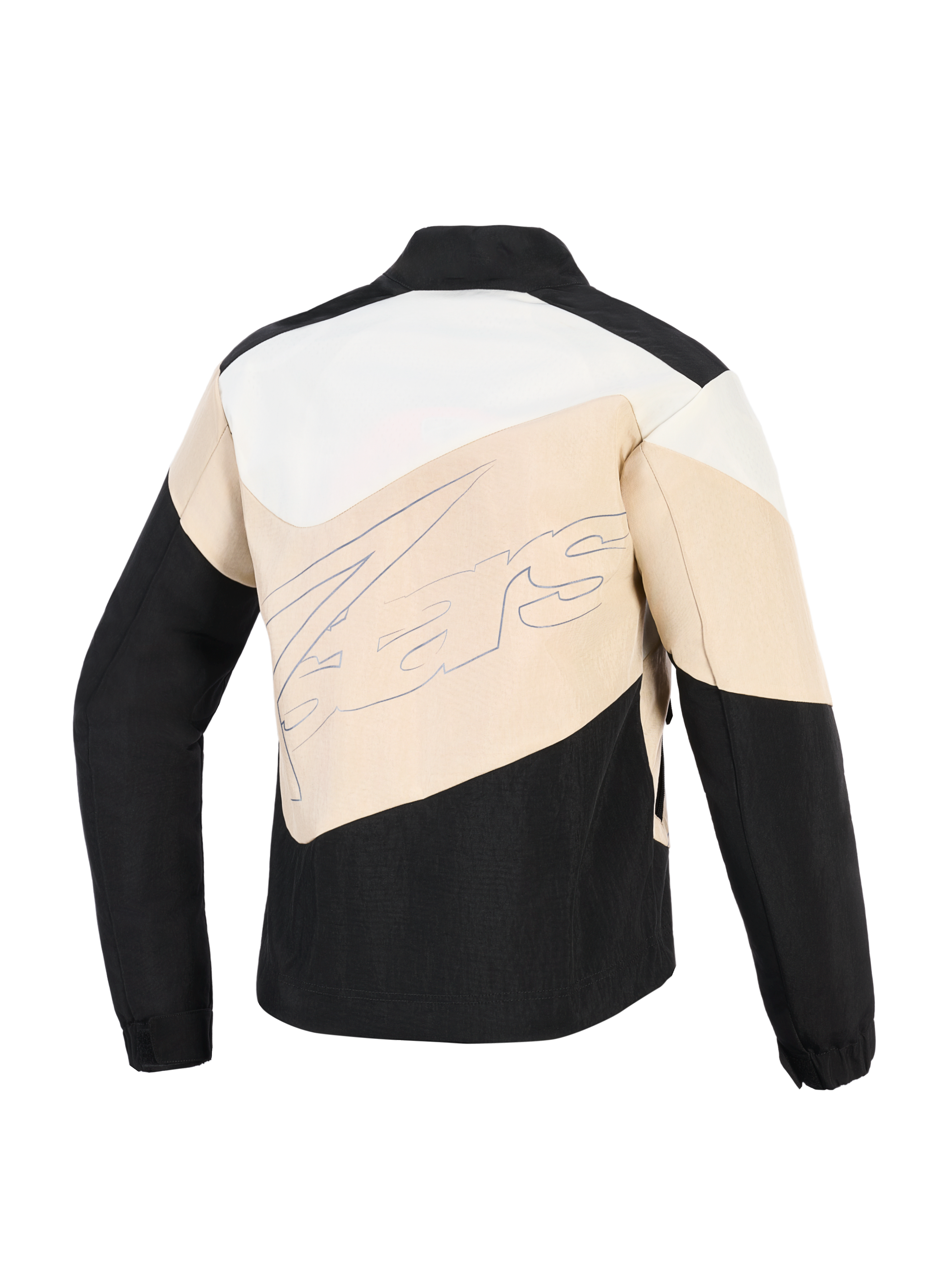 Giacca Alpinestars Stella Moshell, giacca da moto urbana da donna, Black Sand e Off White, vista posteriore con pannelli a blocchi di colore asimmetrici e grande logo del marchio in corsivo al centro.