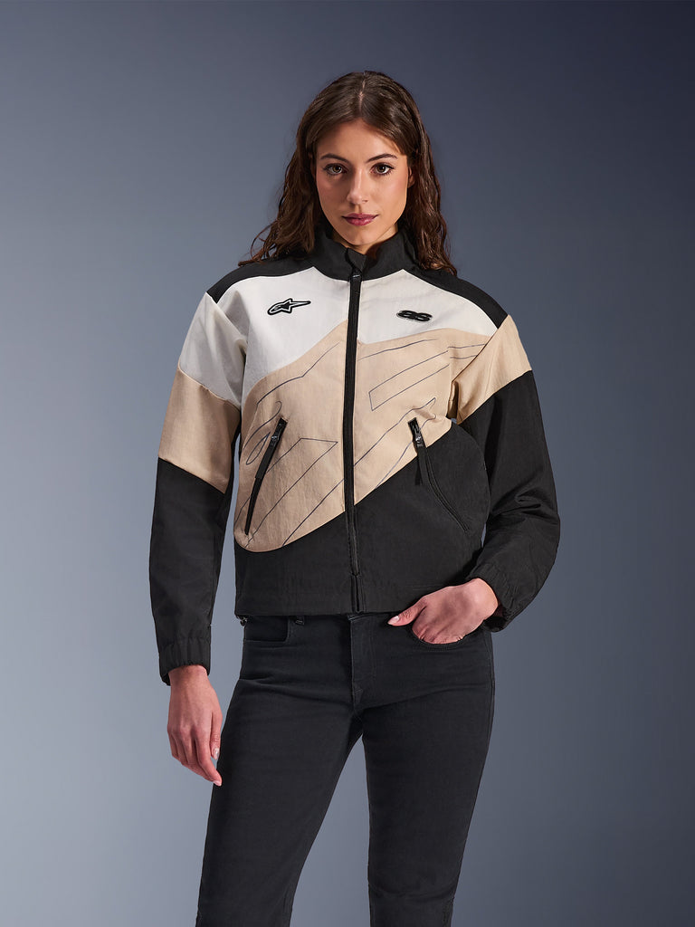 Giacca Alpinestars Stella Moshell da donna, giacca moto urbana con motivo a zigzag nero, beige e bianco, collo alto, tasche con zip, design casual con loghi sul petto