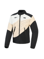 Giacca Alpinestars Stella Moshell, giacca da moto urbana da donna, nero, sabbia e off-white, design asimmetrico color-block con grafiche a linee blu, chiusura frontale con zip e doppi loghi sul petto, abbigliamento protettivo ispirato allo streetwear
