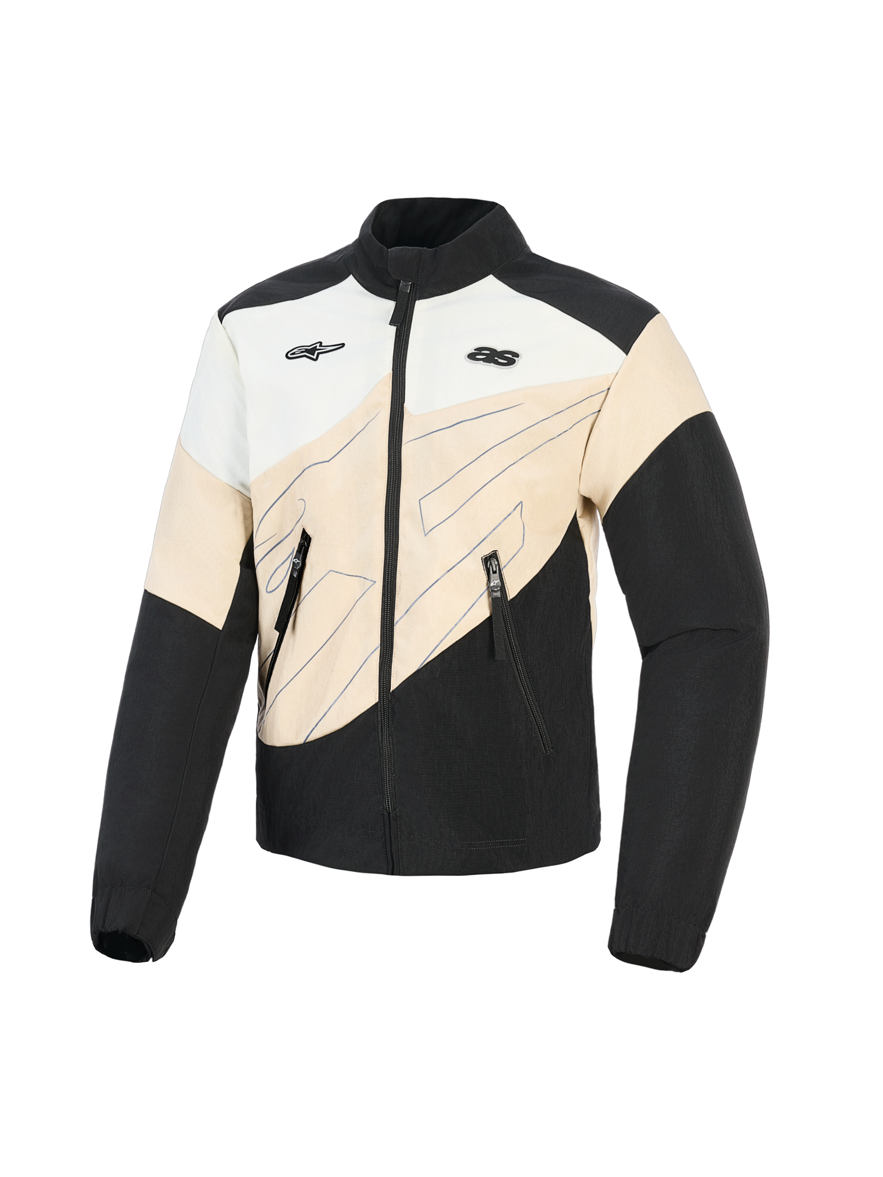 Giacca Alpinestars Stella Moshell, giacca da moto urbana da donna, nero, sabbia e off-white, design asimmetrico color-block con grafiche a linee blu, chiusura frontale con zip e doppi loghi sul petto, abbigliamento protettivo ispirato allo streetwear