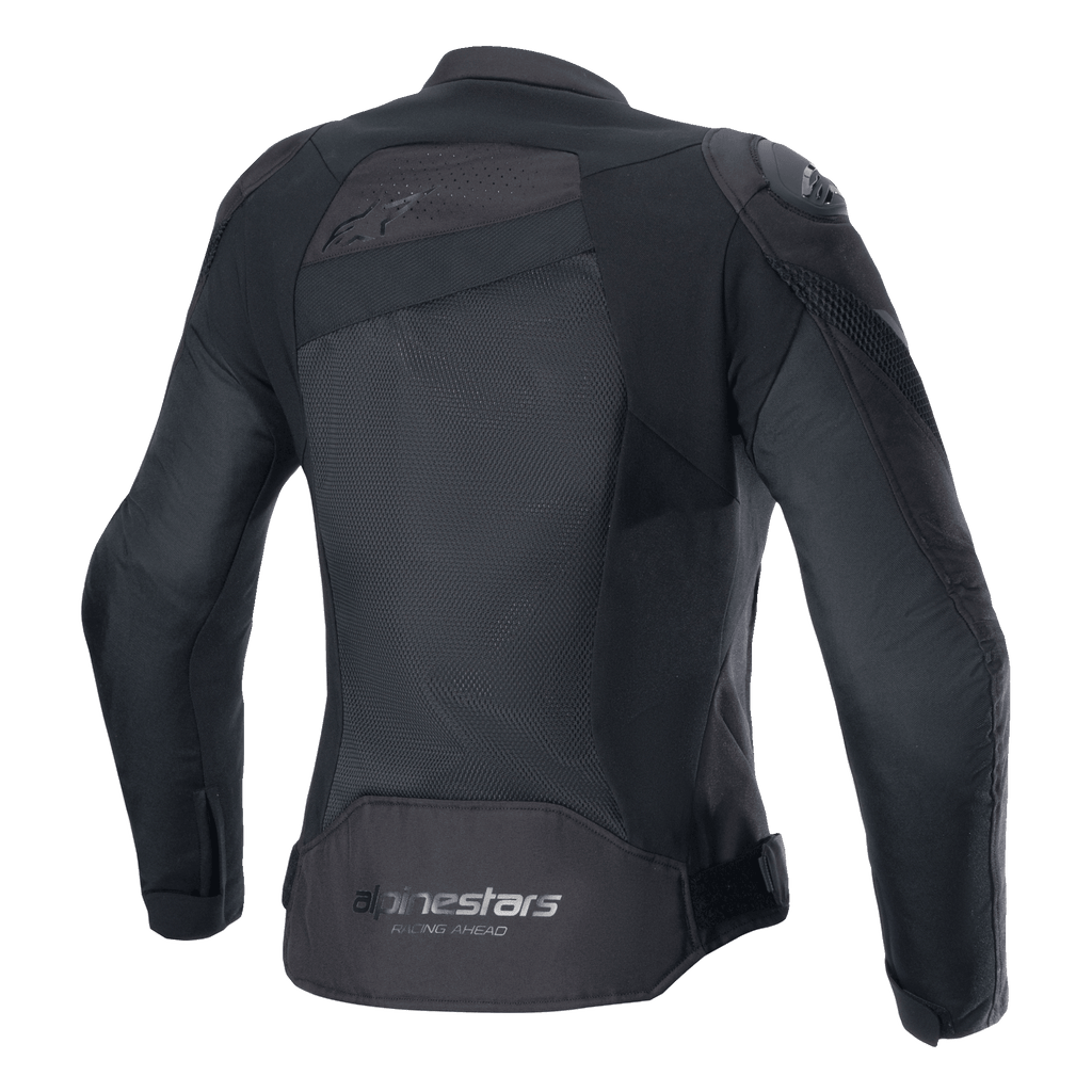 Giacca Alpinestars Stella T-GP Plus R V4 Airflow, nero, vista posteriore con ampi pannelli in mesh per la massima ventilazione, logo 'Alpinestars Racing Ahead' sulla parte inferiore della schiena, giacca da moto sportiva in tessuto da donna