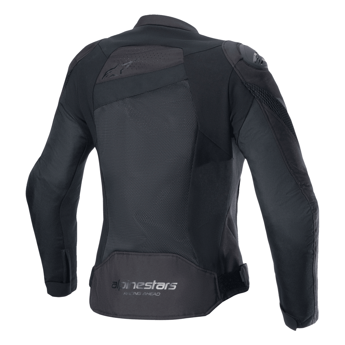 Giacca Alpinestars Stella T-GP Plus R V4 Airflow, nero, vista posteriore con ampi pannelli in mesh per la massima ventilazione, logo 'Alpinestars Racing Ahead' sulla parte inferiore della schiena, giacca da moto sportiva in tessuto da donna