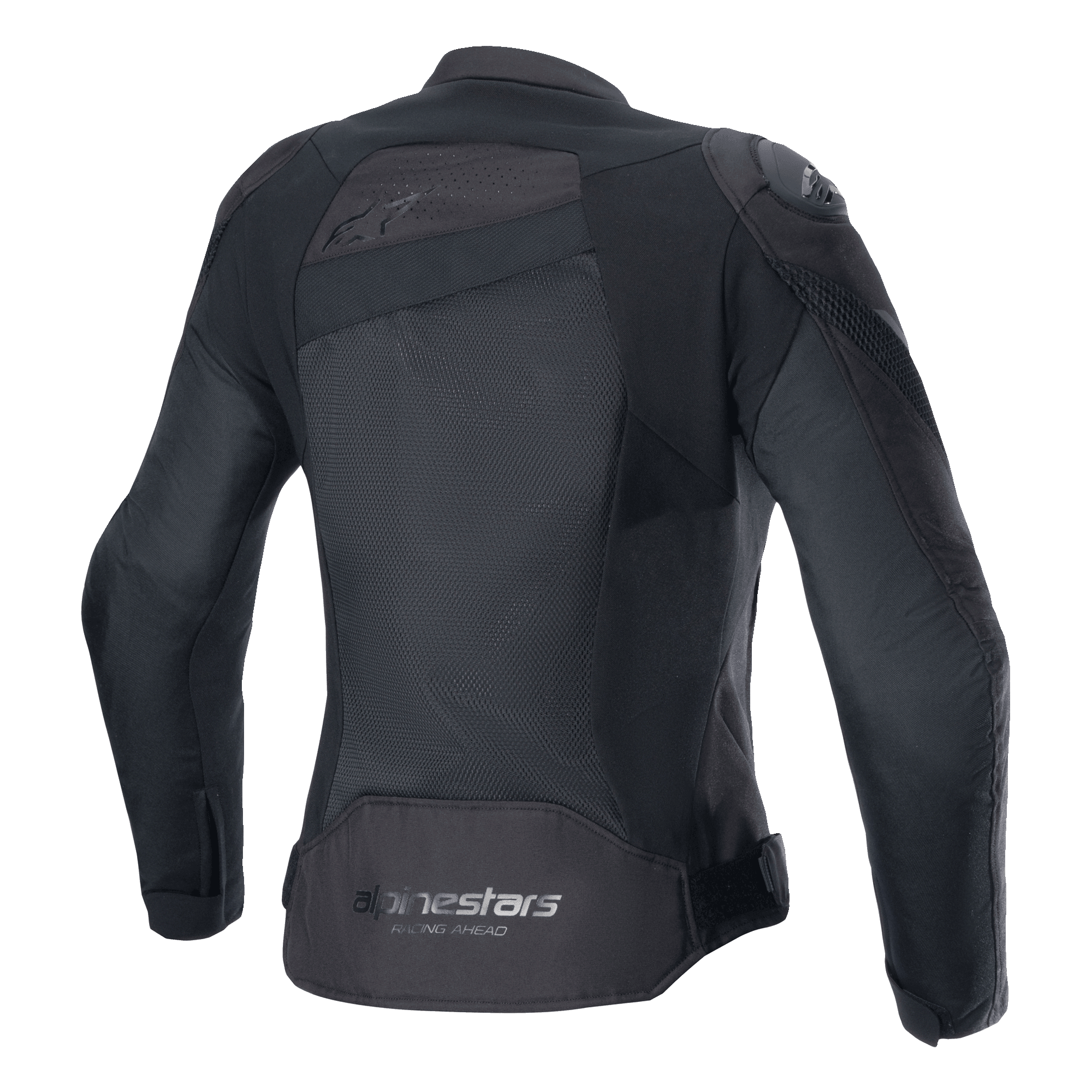 Giacca Alpinestars Stella T-GP Plus R V4 Airflow, nero, vista posteriore con ampi pannelli in mesh per la massima ventilazione, logo 'Alpinestars Racing Ahead' sulla parte inferiore della schiena, giacca da moto sportiva in tessuto da donna