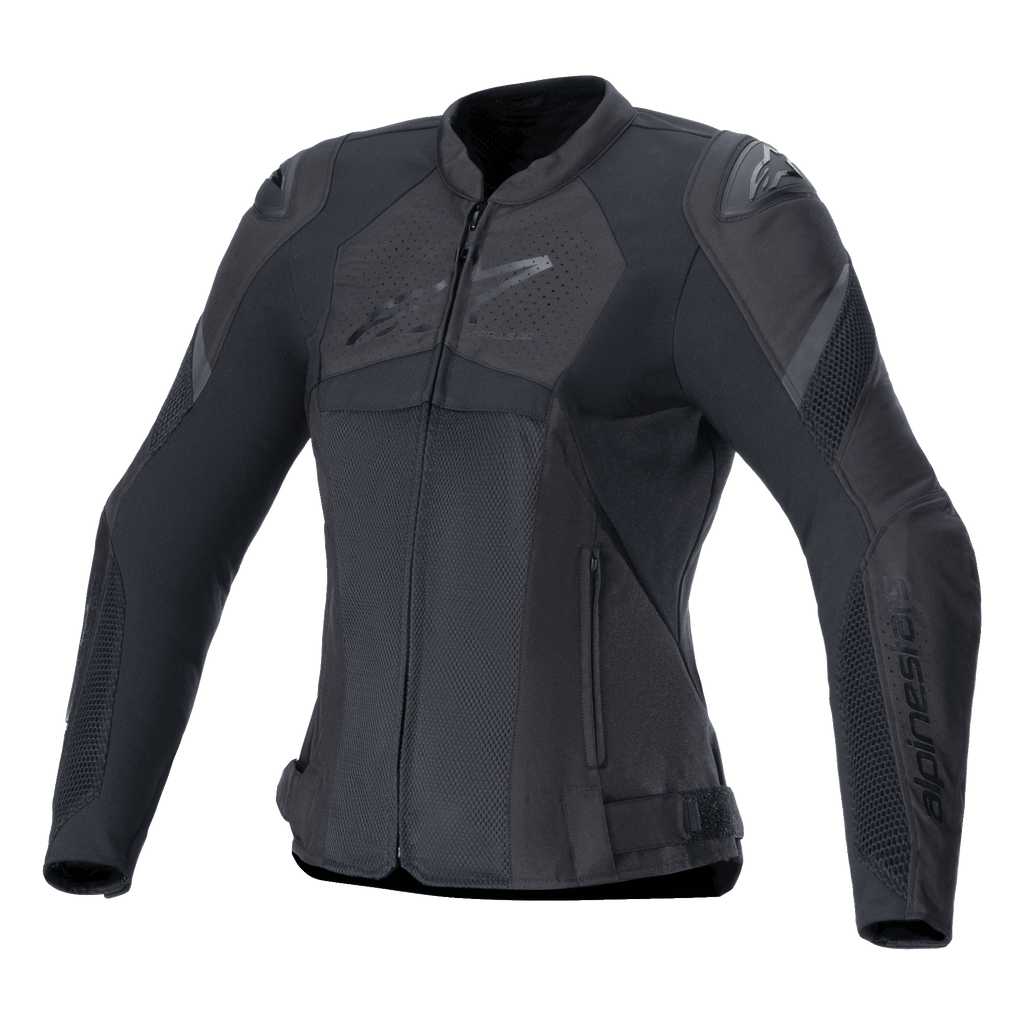 Alpinestars Stella T-GP Plus R V4 Airflow Jacket, giacca da moto sportiva da donna, nero, con ampi pannelli di ventilazione in mesh, sezioni traforate sul petto con logo Alpinestars, protezioni per le spalle DFS Lite e vestibilità anatomica pre-curvata per la guida estiva.