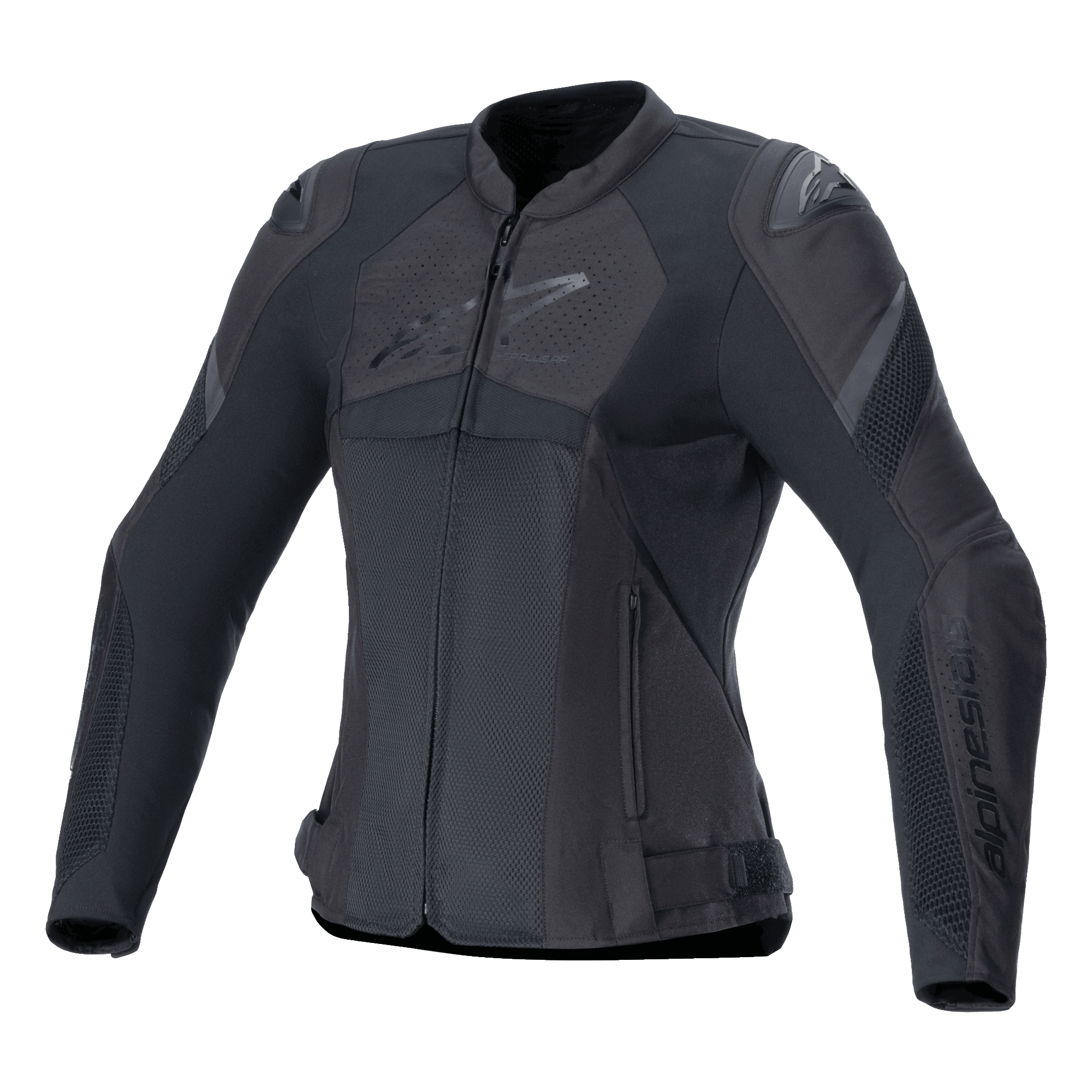 Alpinestars Stella T-GP Plus R V4 Airflow Jacket, giacca da moto sportiva da donna, nero, con ampi pannelli di ventilazione in mesh, sezioni traforate sul petto con logo Alpinestars, protezioni per le spalle DFS Lite e vestibilità anatomica pre-curvata per la guida estiva.