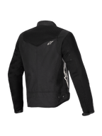Giacca Alpinestars Stella T-Dyno Air, giacca da moto da donna, nera, vista posteriore a tre quarti con pannelli estesi in rete 3D sul giogo e sulle maniche, logo Alpinestars bianco e costruzione tessile su misura per la guida estiva