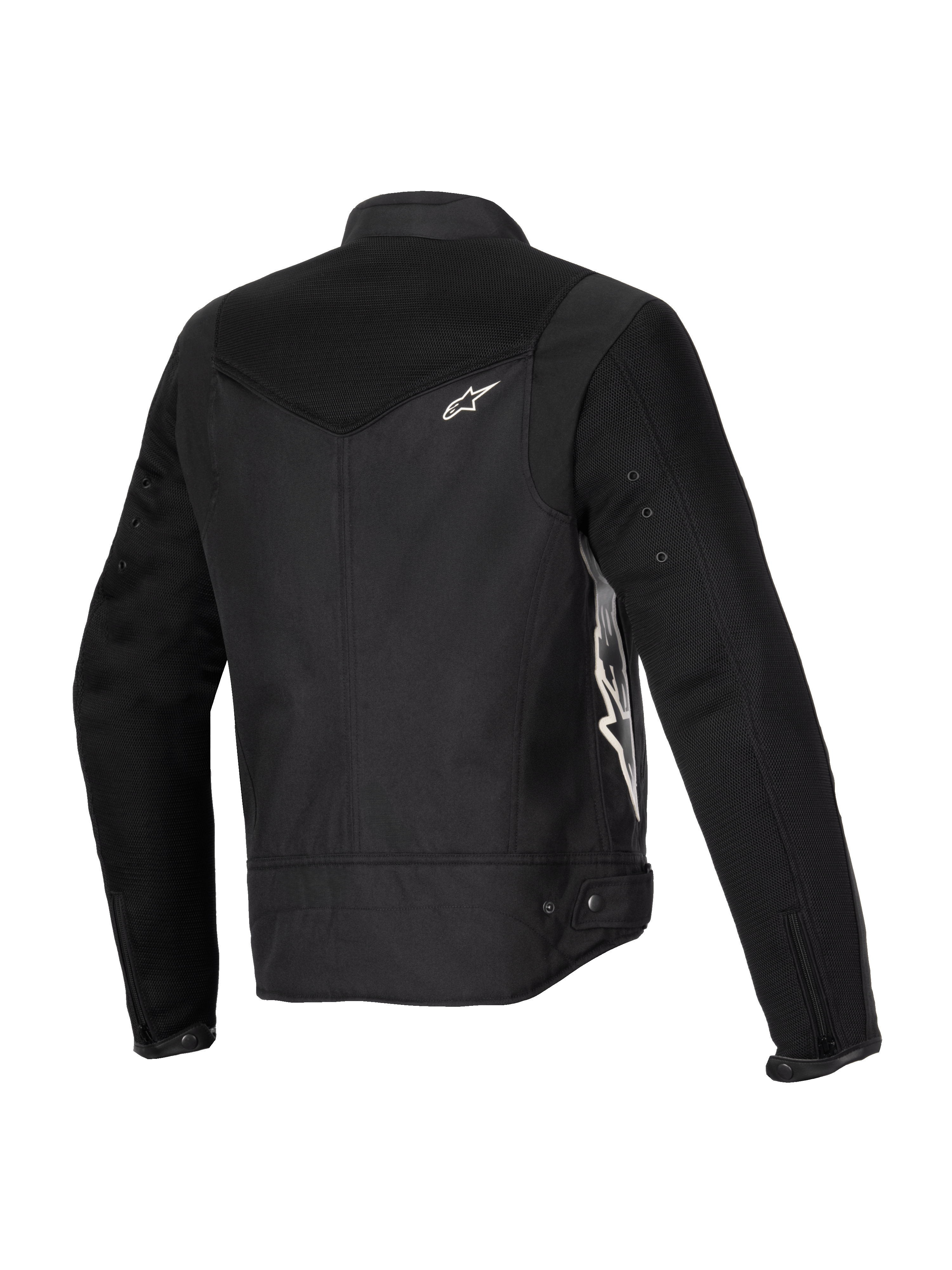 Giacca Alpinestars Stella T-Dyno Air, giacca da moto da donna, nera, vista posteriore a tre quarti con pannelli estesi in rete 3D sul giogo e sulle maniche, logo Alpinestars bianco e costruzione tessile su misura per la guida estiva