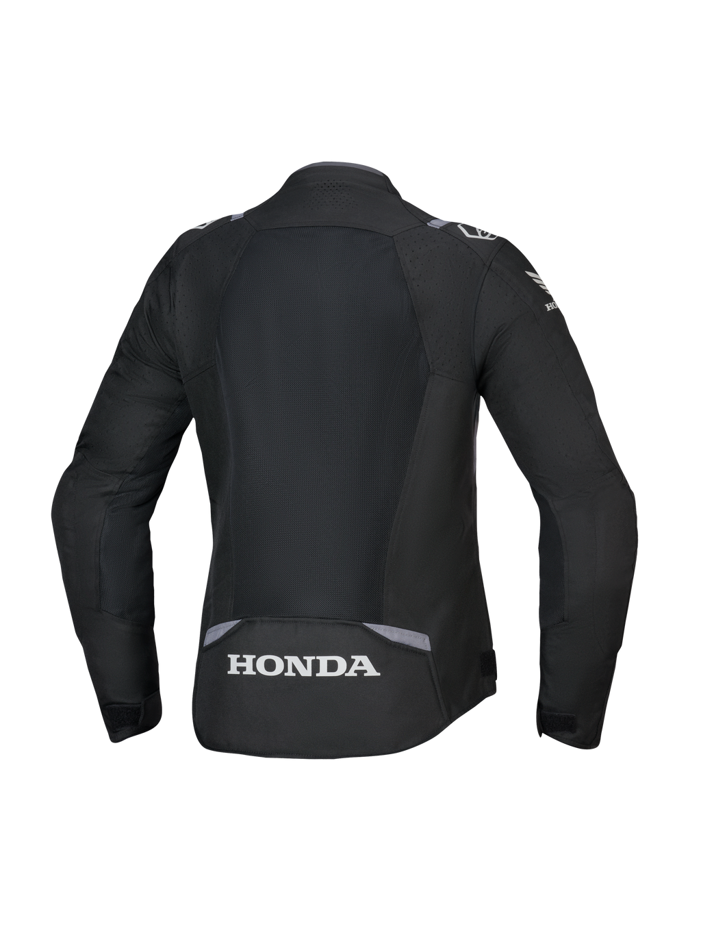 Giacca Alpinestars Honda Stella T-SPS Air V2 da donna, vista posteriore, nero con accenti grigio scuro e grigio ghiaccio, ampio pannello posteriore in mesh tecnico e logo Honda bianco, vestibilità specifica da donna orientata alle prestazioni