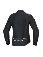 Giacca Alpinestars Honda Stella T-SPS Air V2 da donna, vista posteriore, nero con accenti grigio scuro e grigio ghiaccio, ampio pannello posteriore in mesh tecnico e logo Honda bianco, vestibilità specifica da donna orientata alle prestazioni